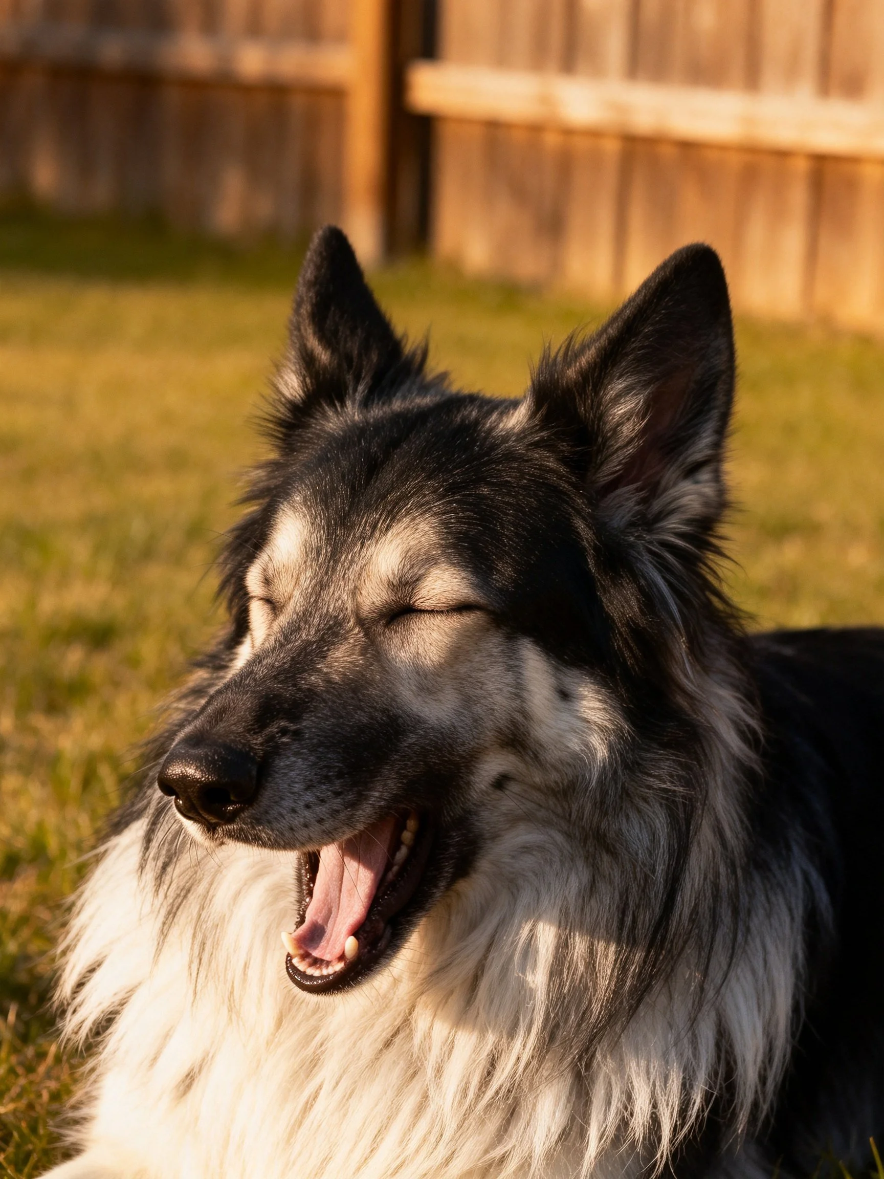 A black-and-white dog relaxes with eyes closed in golden sunlight