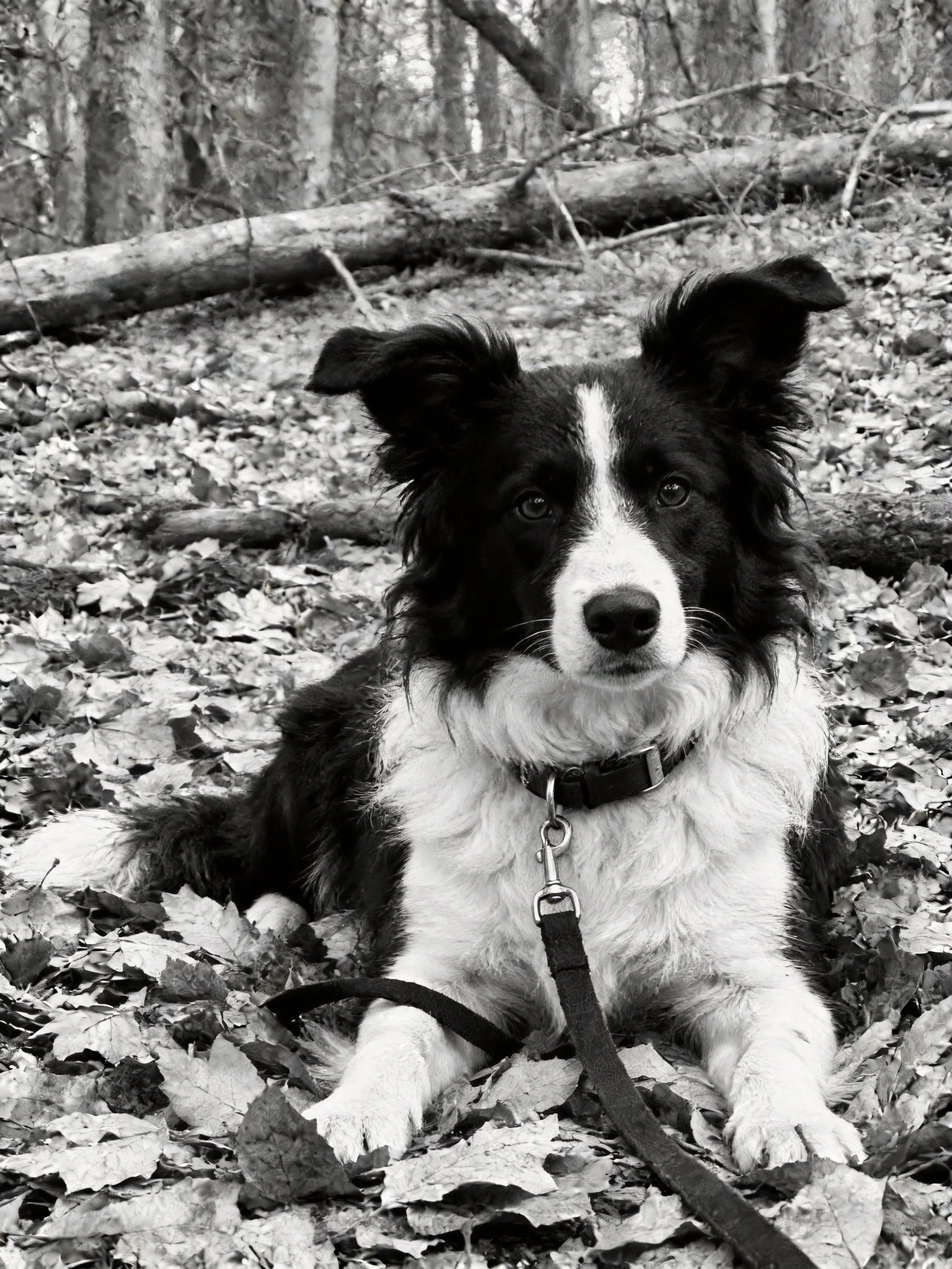 A black and white dog sits calmly among fallen leaves in a forested area.