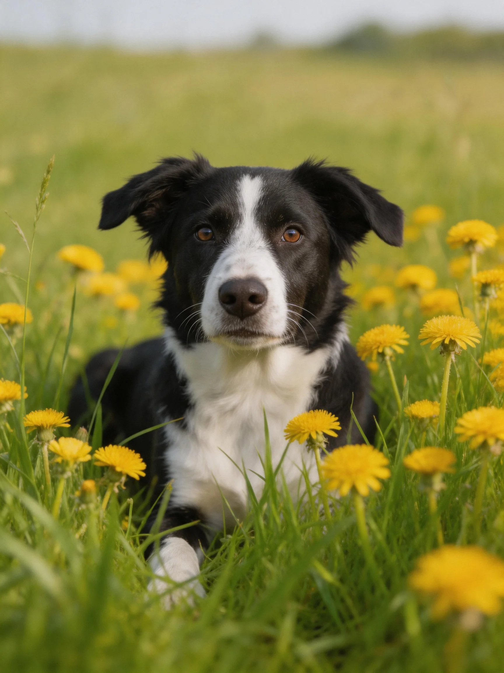 A black and white dog sits calmly amid a field of bright yellow flowers and tall green grass.