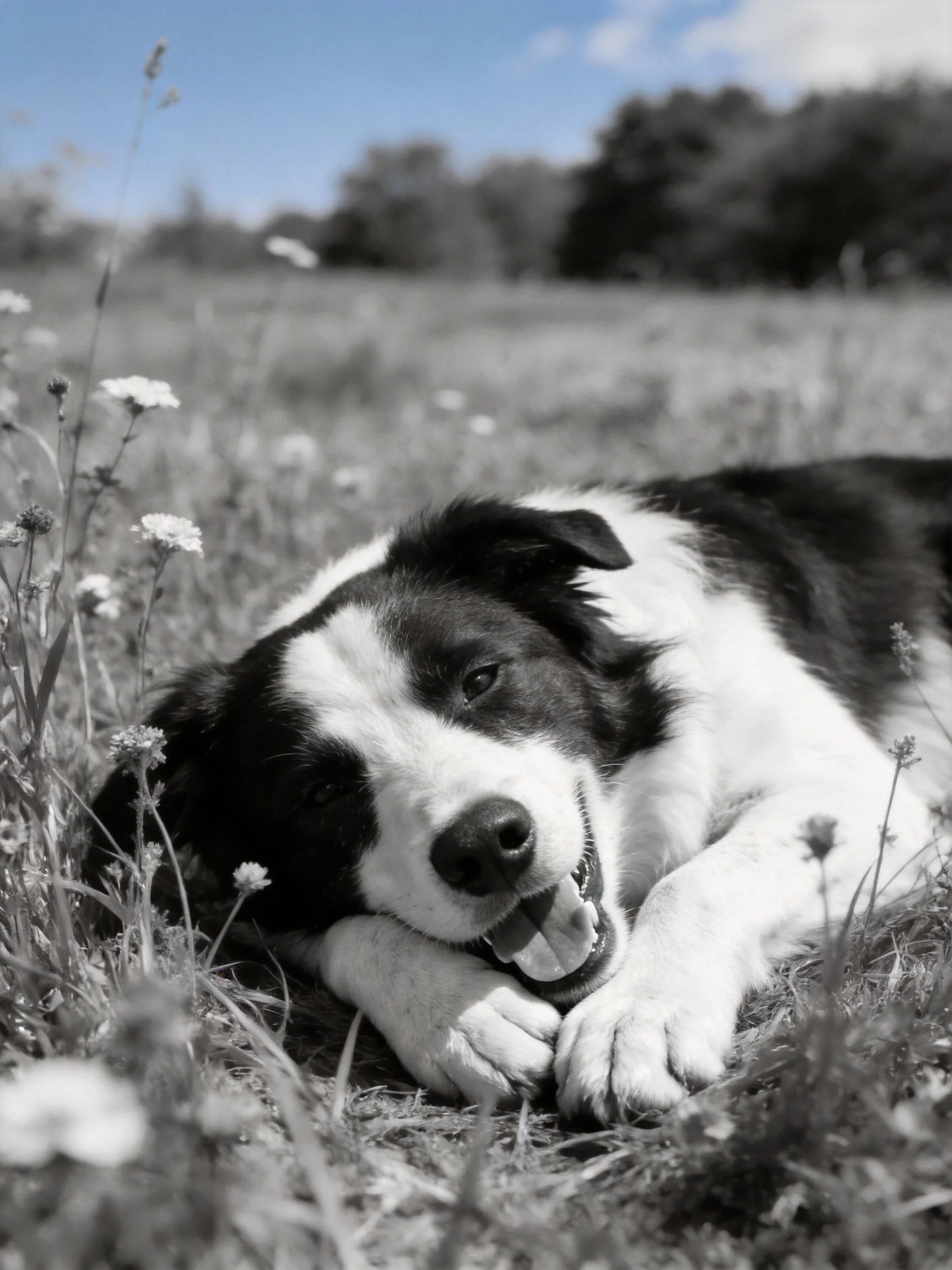 A black and white dog relaxes contentedly amid wildflowers in a sunny meadow.