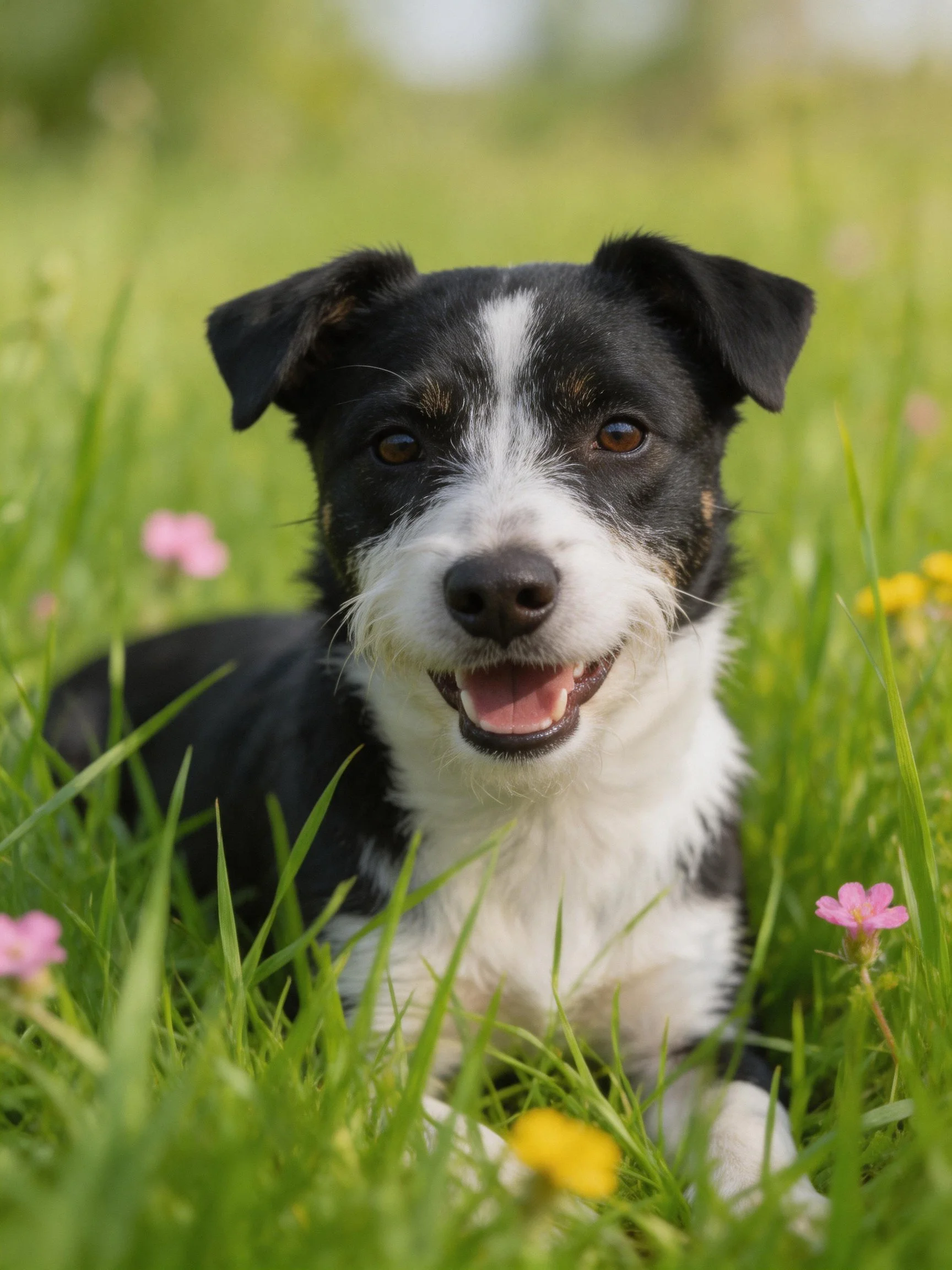 A black and white dog relaxes amid vibrant wildflowers in a sunlit meadow.