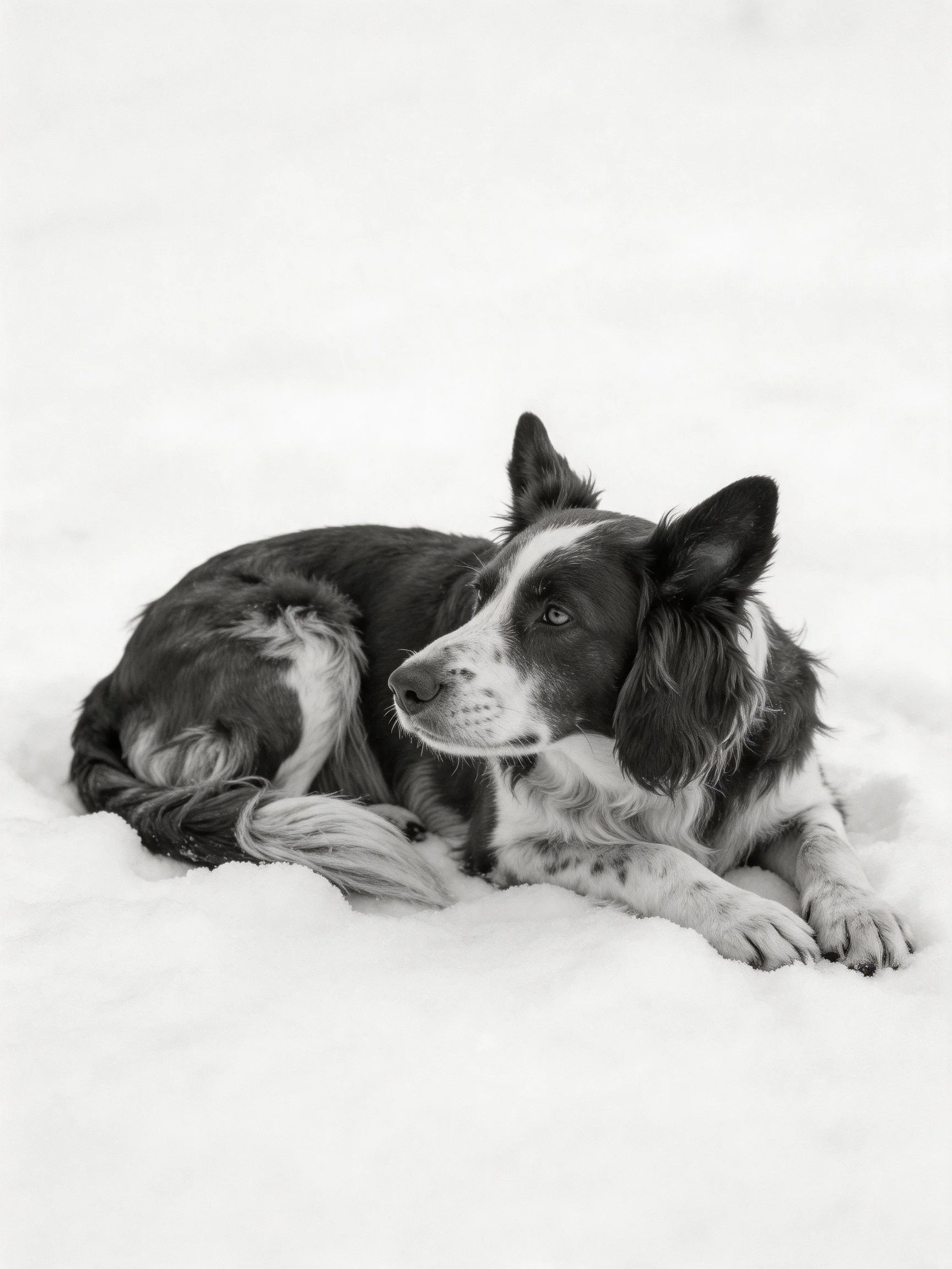 A black and white dog lies calmly in the snow.