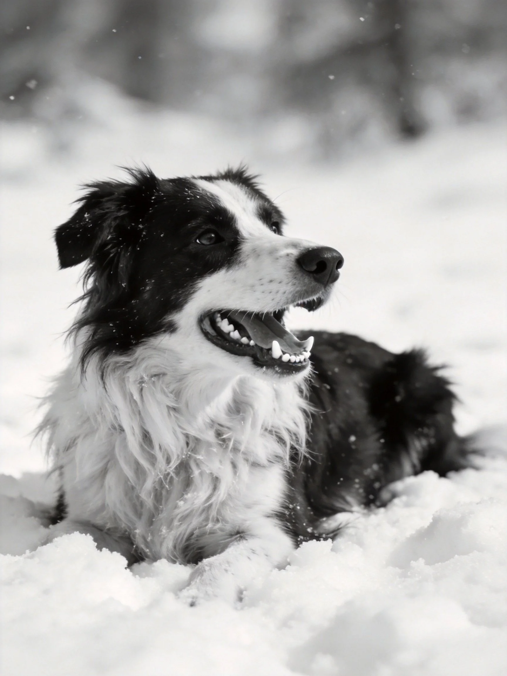 A black and white dog relaxes in a snowy landscape.