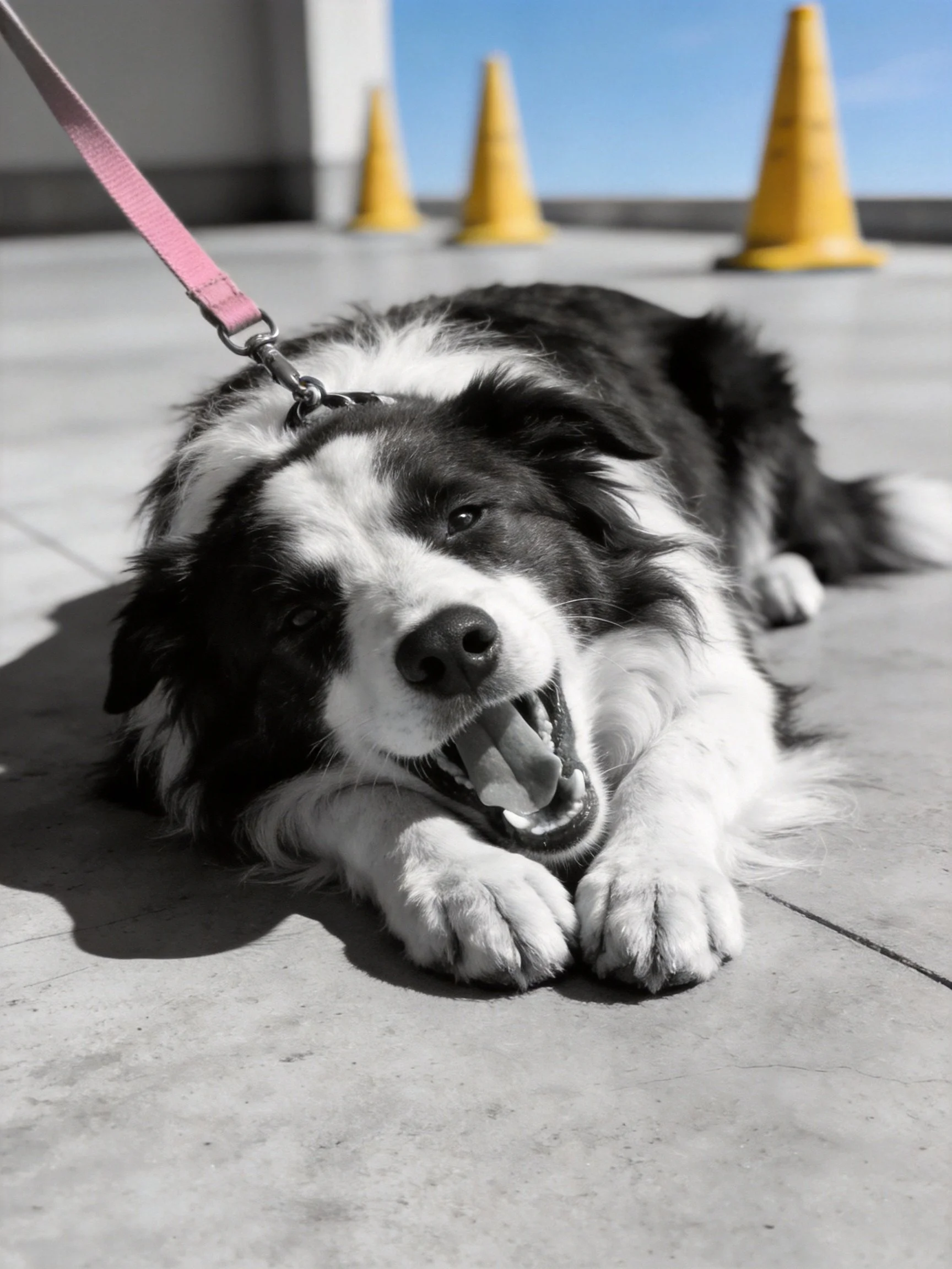 A black and white dog rests near yellow traffic cones with a pink leash.