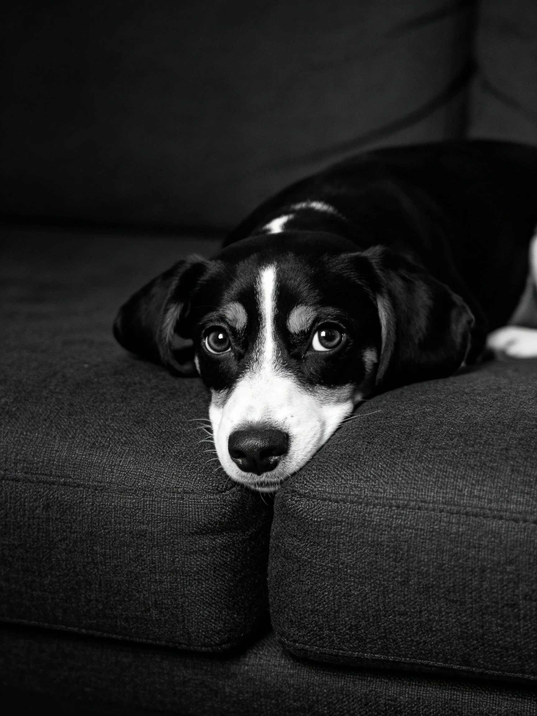 A black and white dog relaxes on a dark sofa with a calm expression
