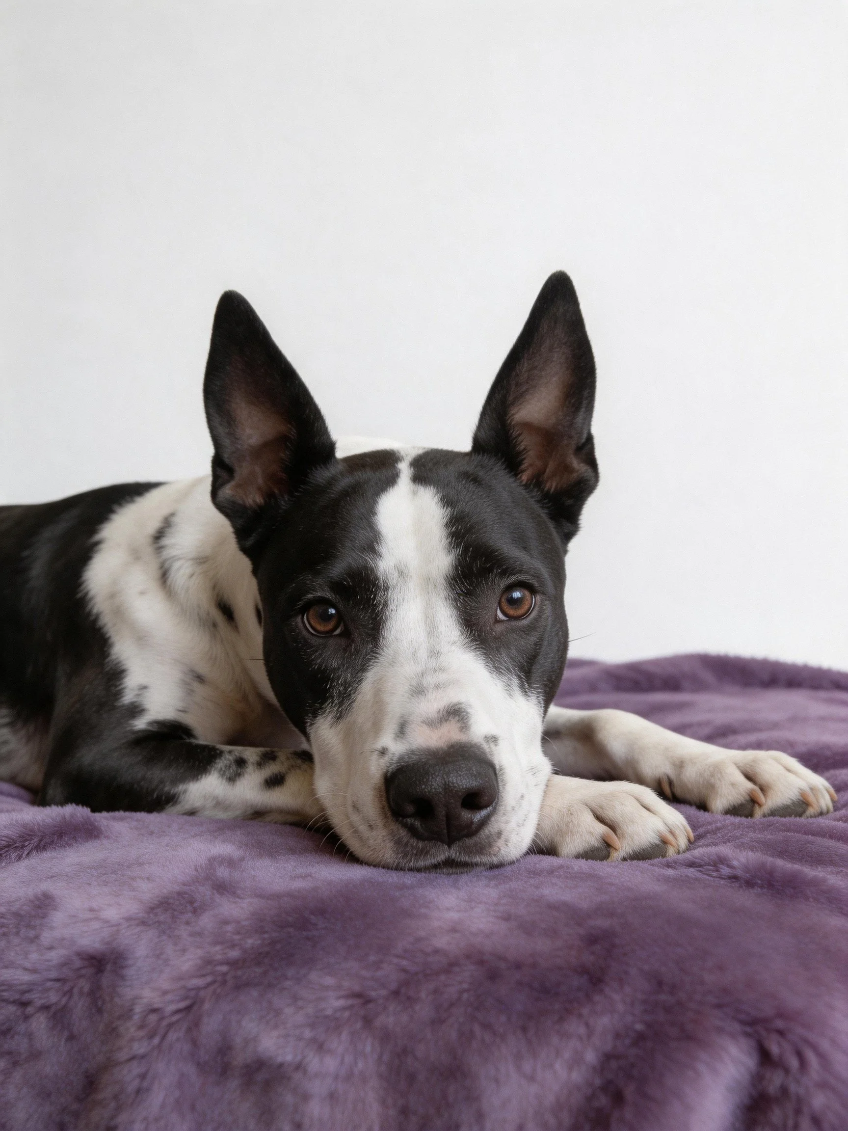 A black and white dog lies comfortably on a purple blanket.