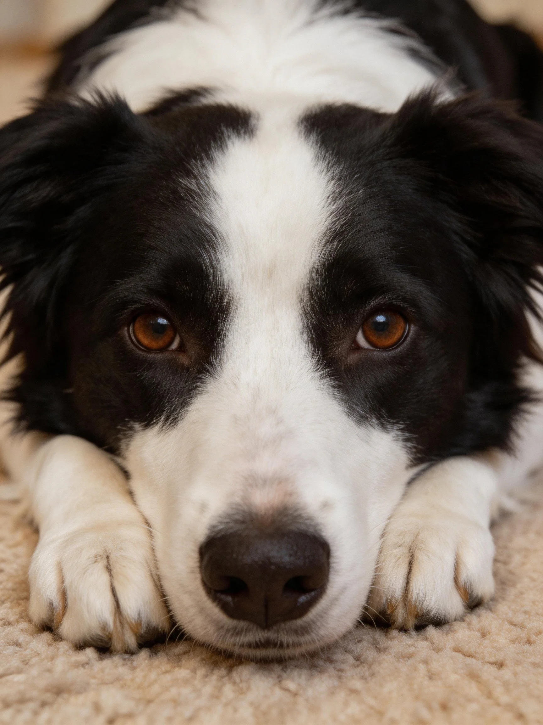 A black and white dog lies calmly on a beige carpet.