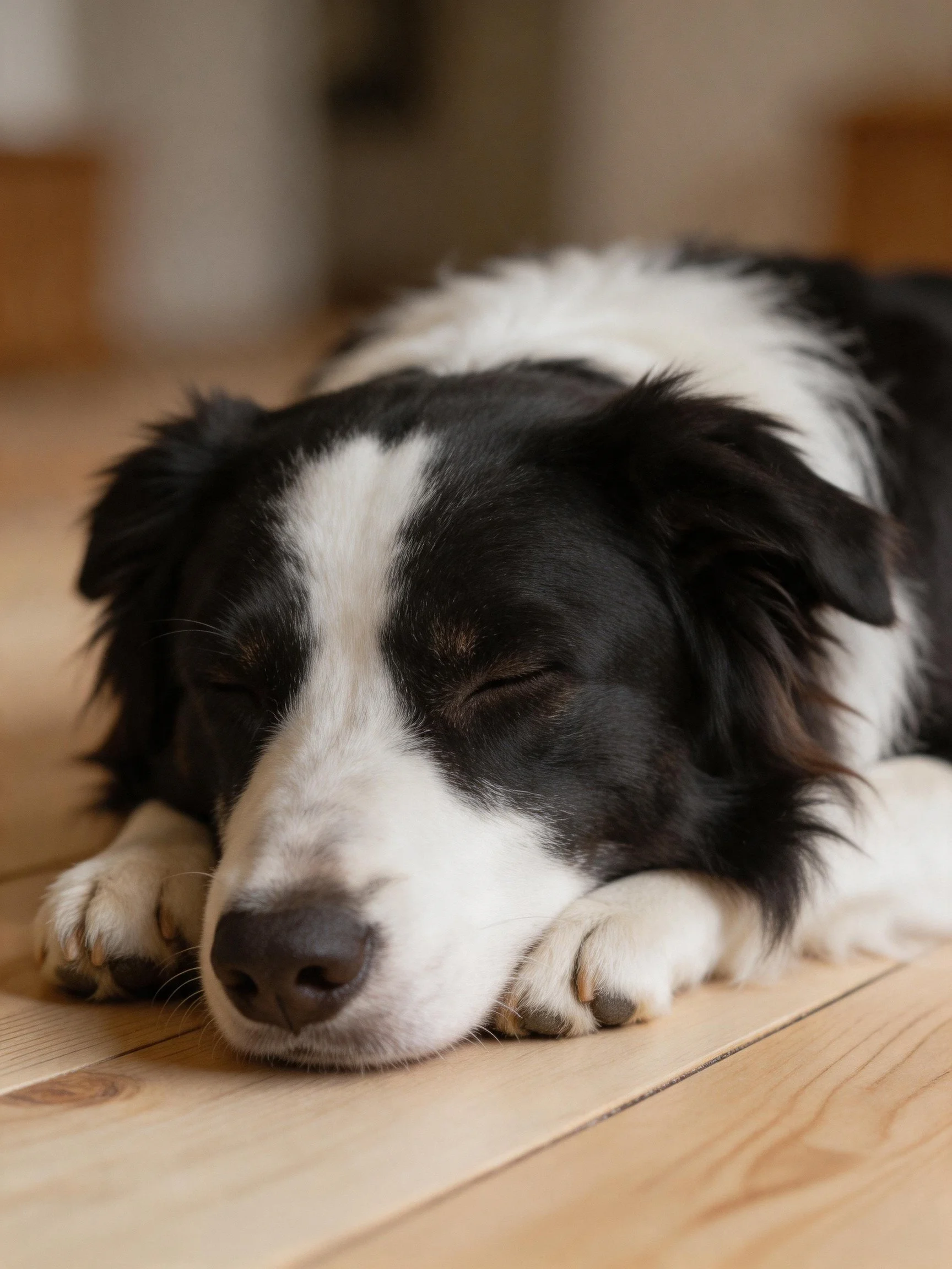 A black and white dog sleeps peacefully on a wooden floor.