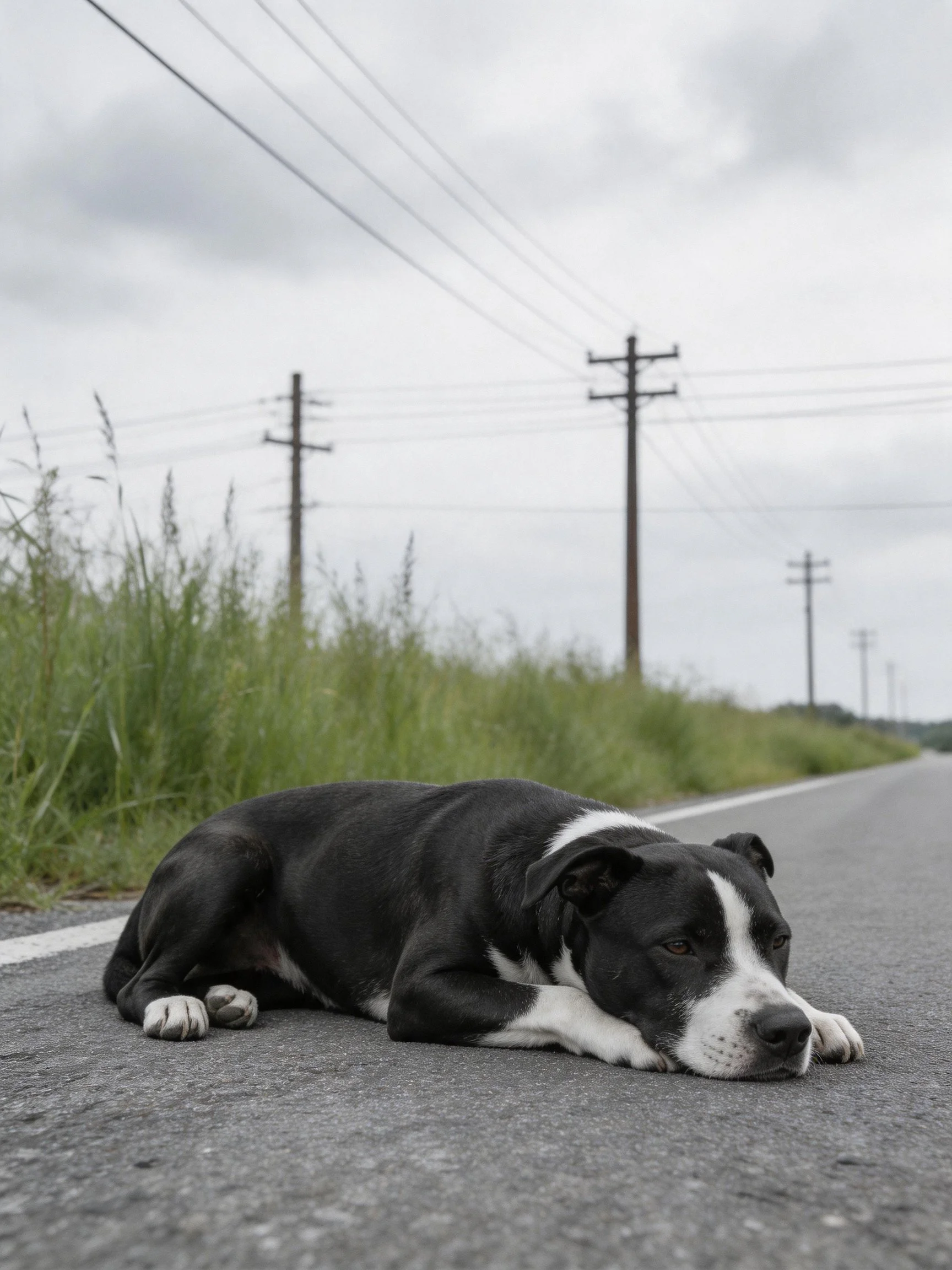 A black and white dog lies on a quiet road with utility poles and tall grass nearby.