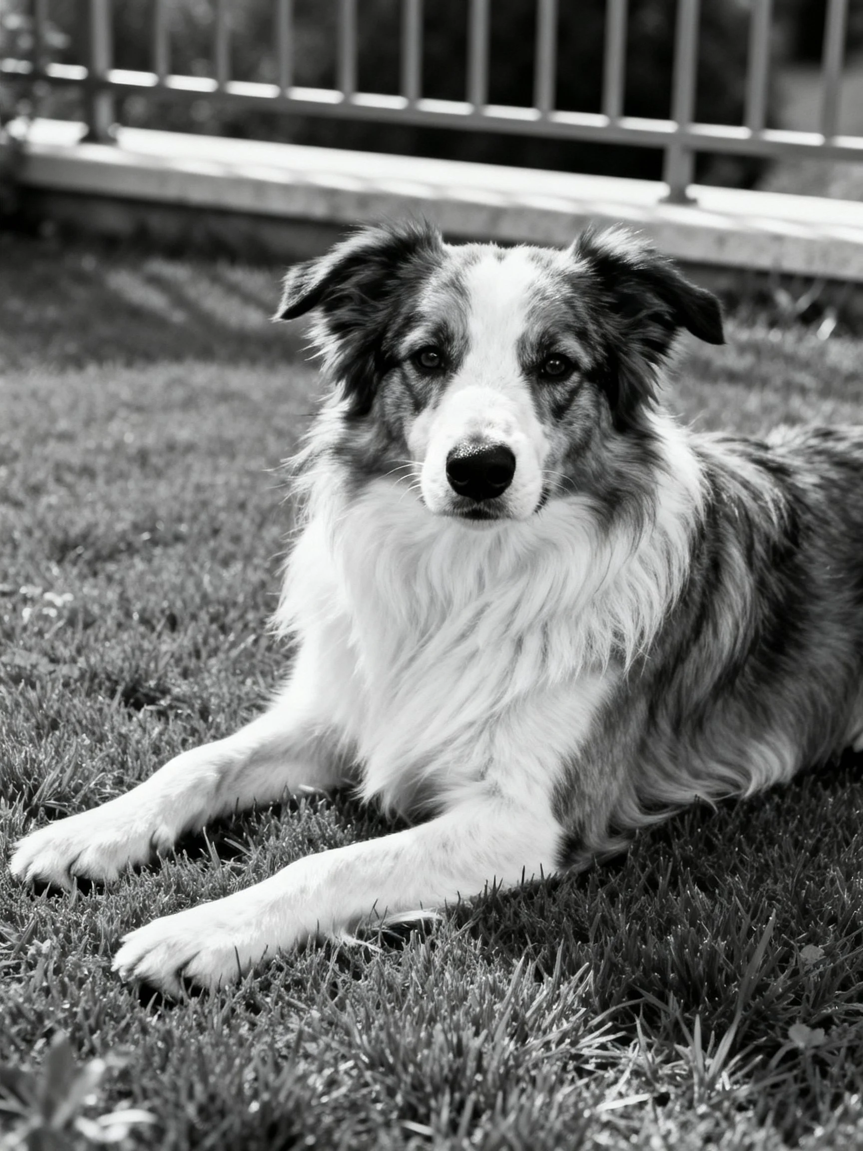 A black and white dog lies calmly on grass beside a metal fence.