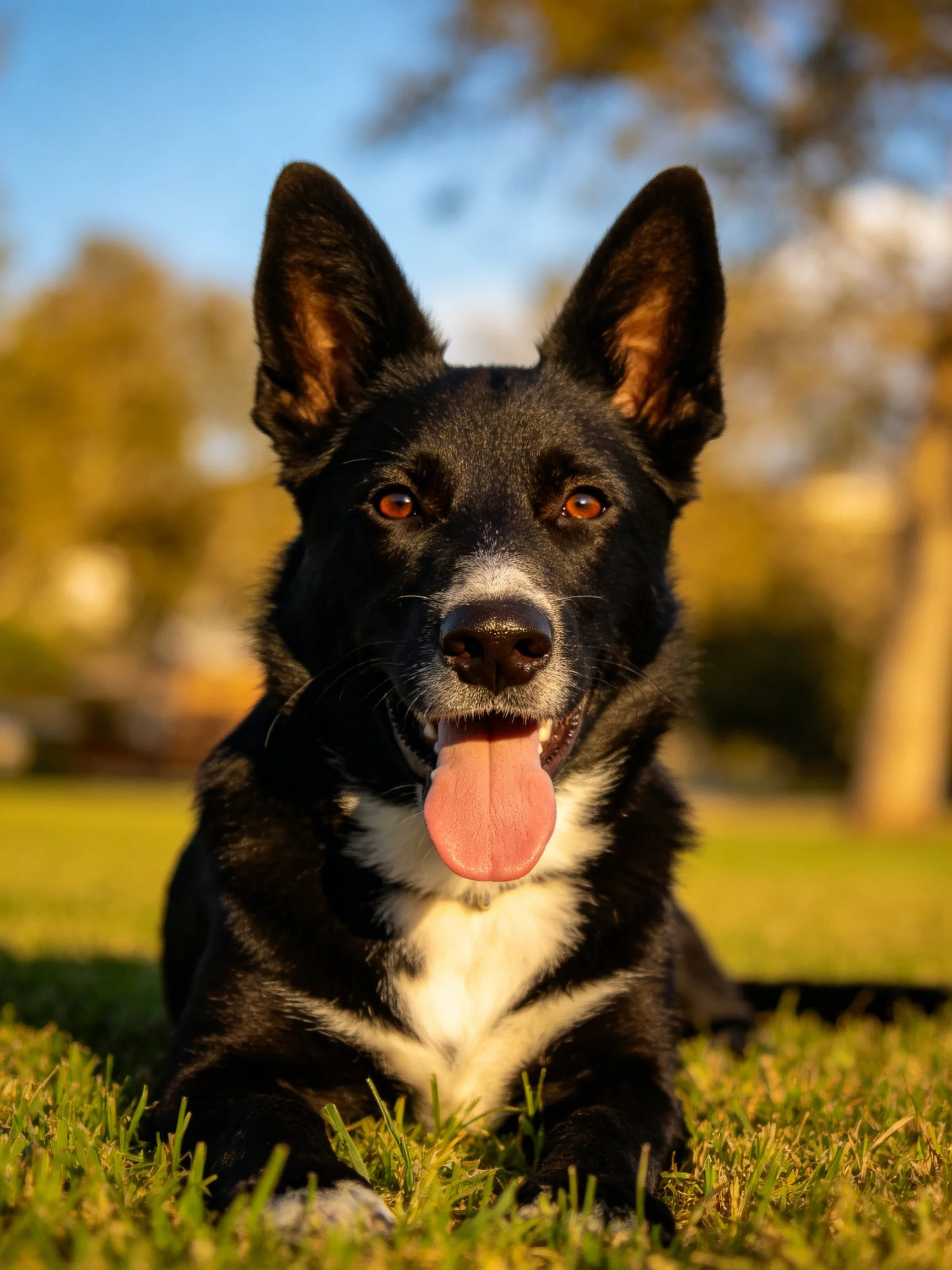 A black and white dog relaxes on grass amid a sunlit outdoor landscape.