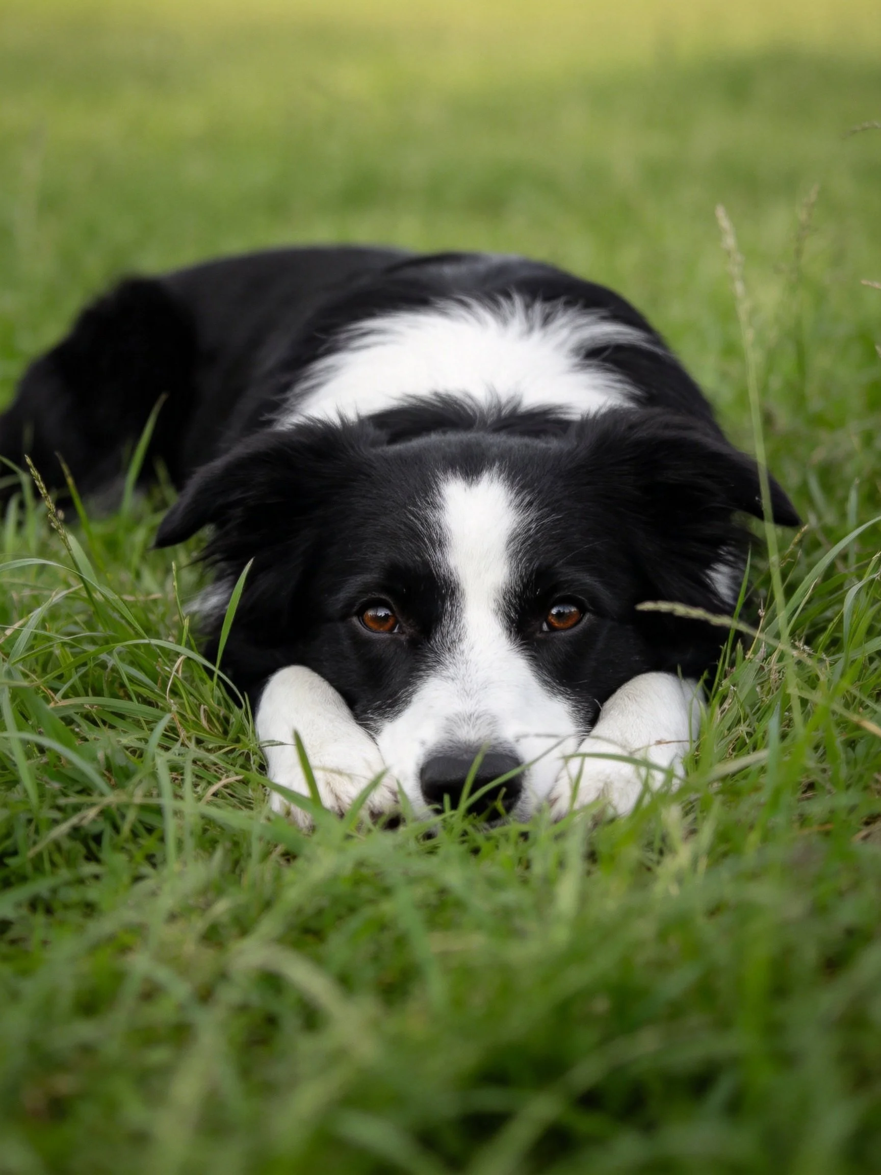 A black and white dog lies calmly amid tall green grass.