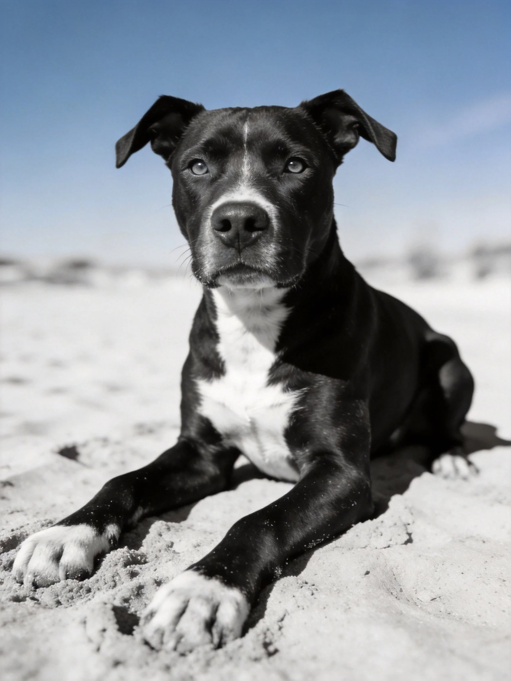 A black and white dog sits calmly on sandy ground.
