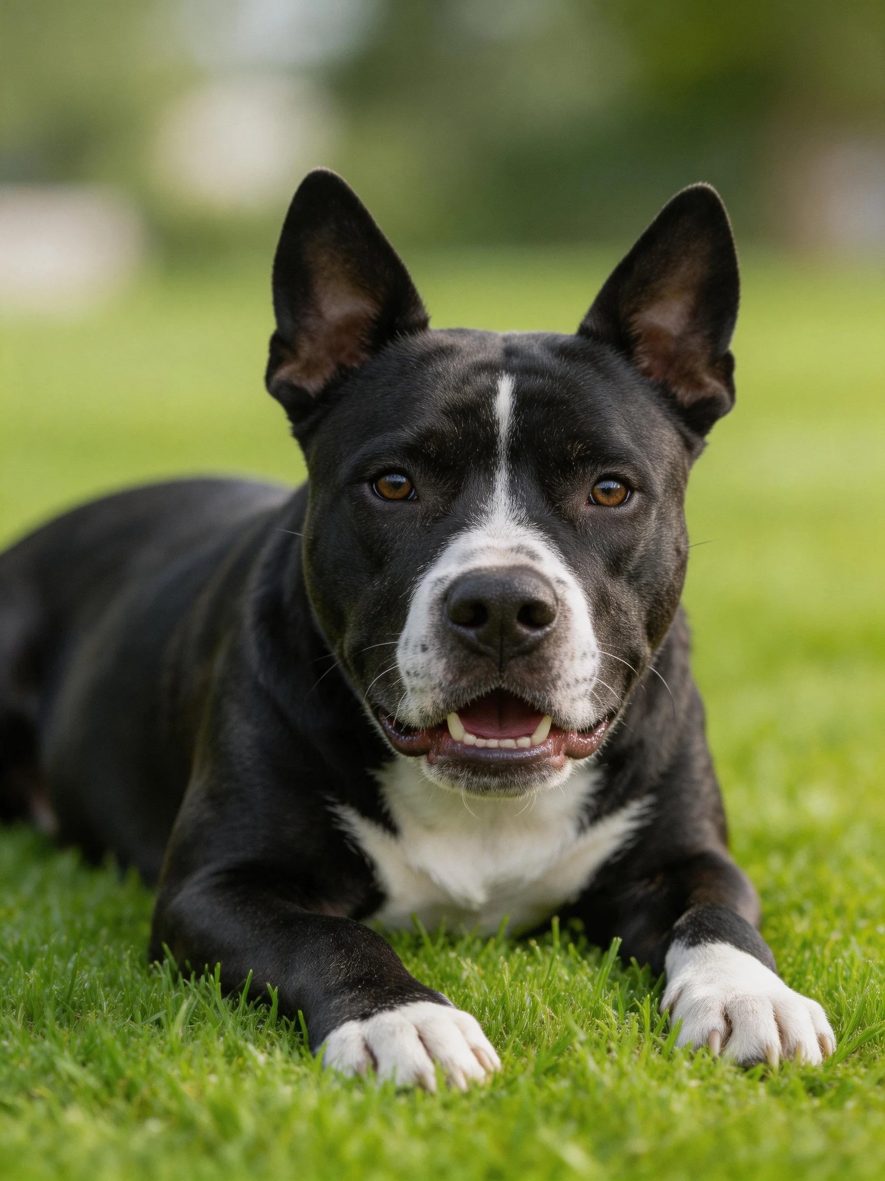 A black and white dog rests comfortably on lush green grass.