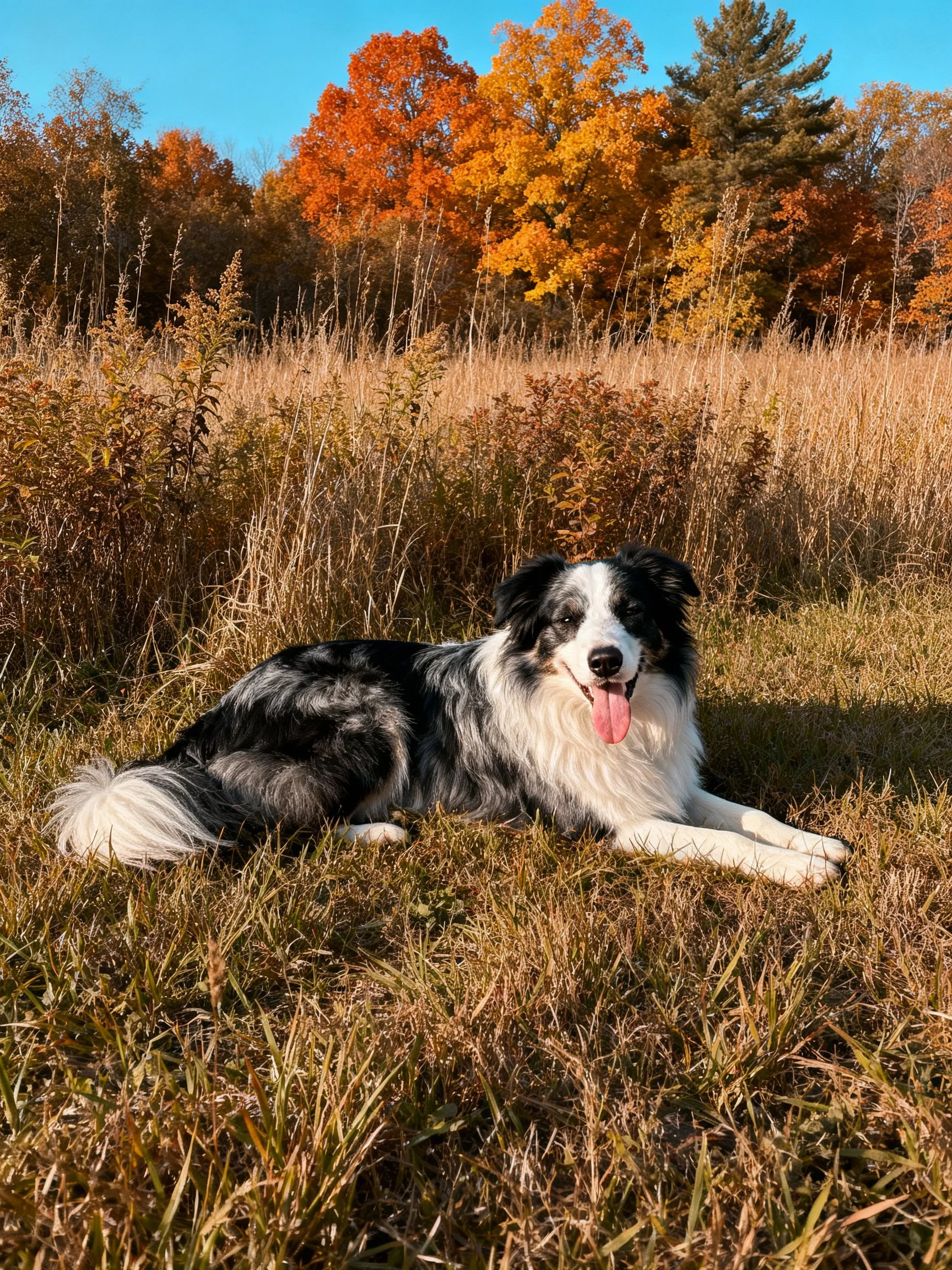 A black-and-white dog relaxes in an autumn field with colorful trees