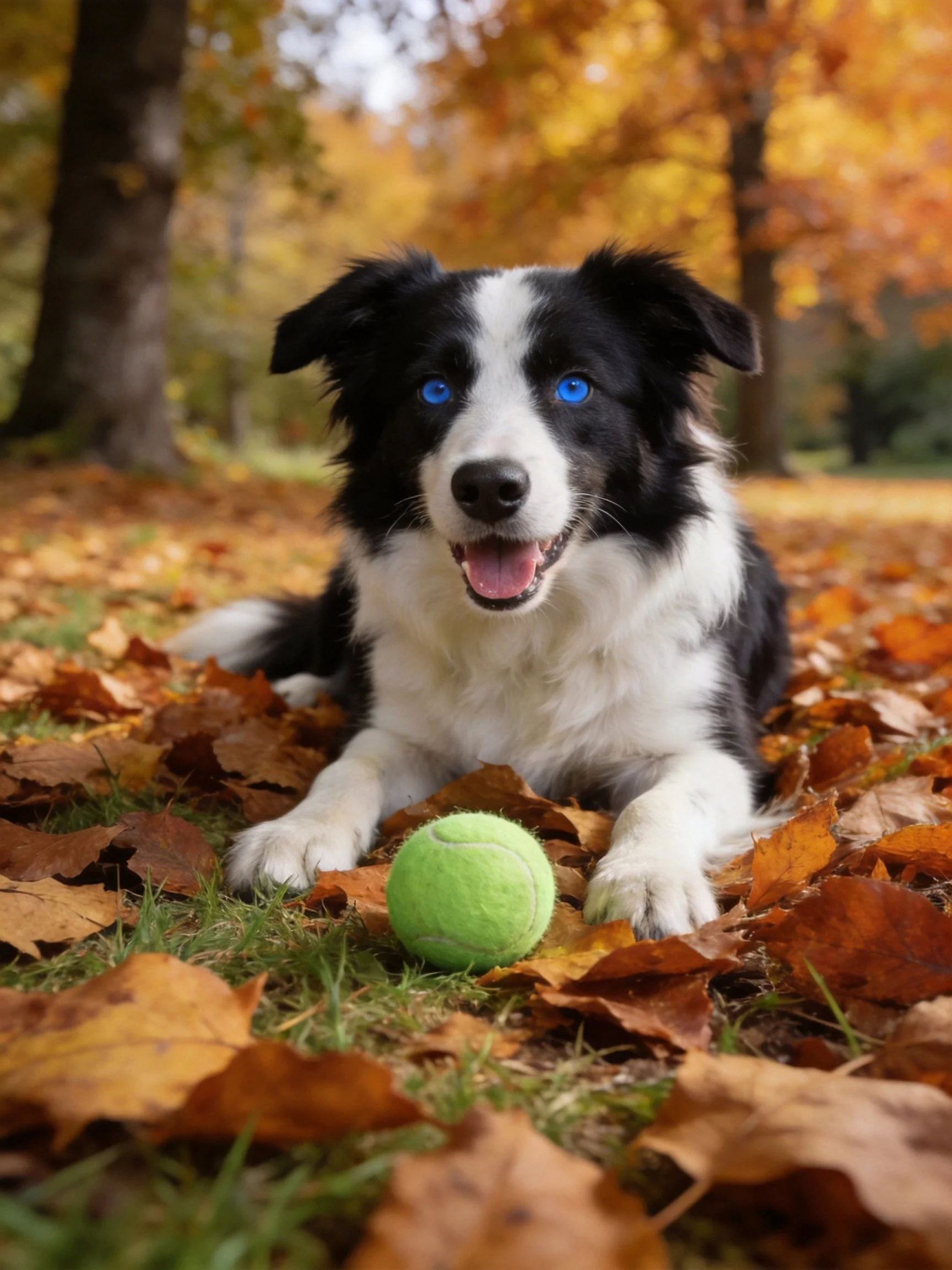 A black and white dog rests among autumn leaves with a green tennis ball