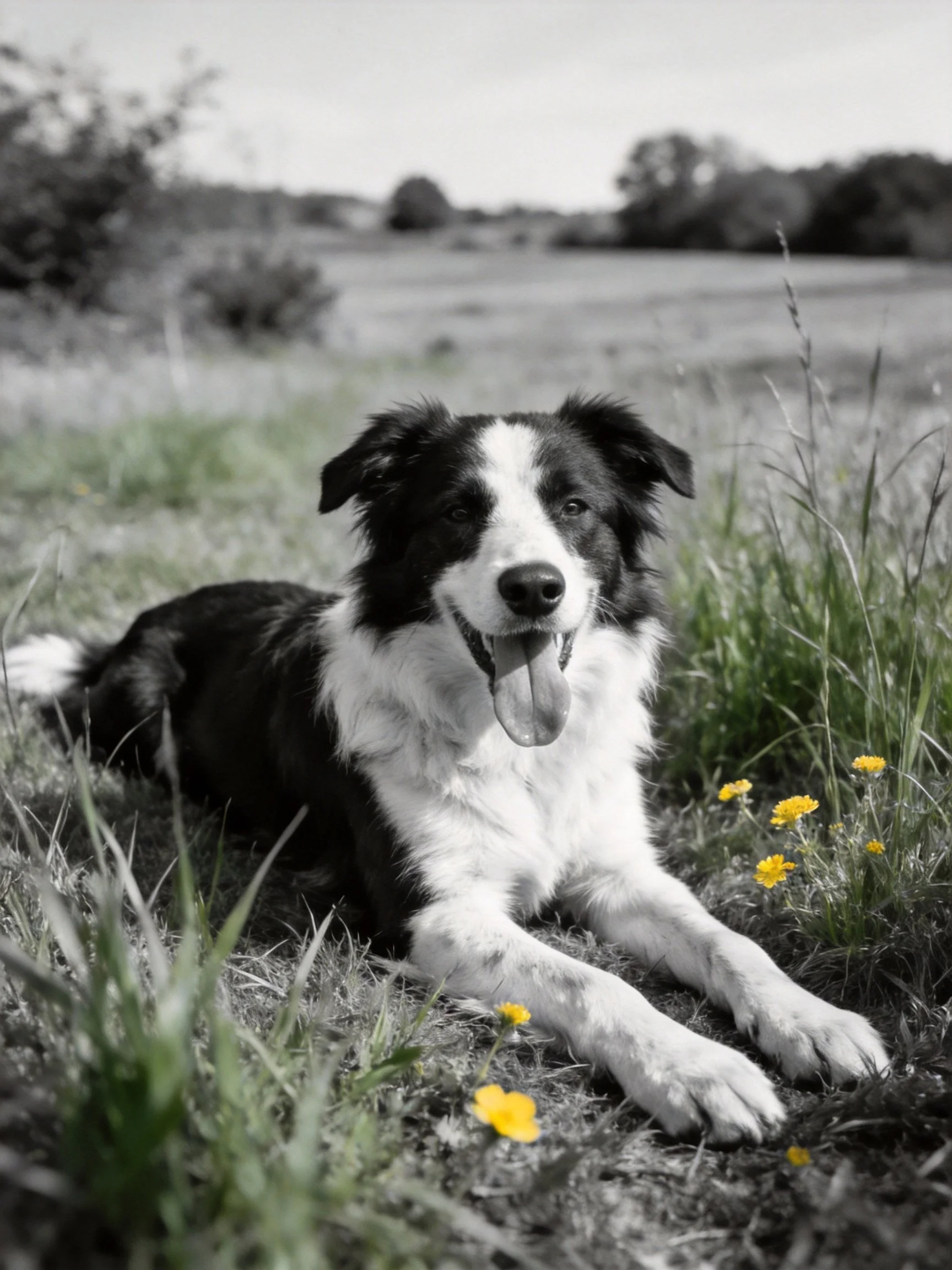 A black and white dog relaxes outdoors near green grass and yellow flowers.