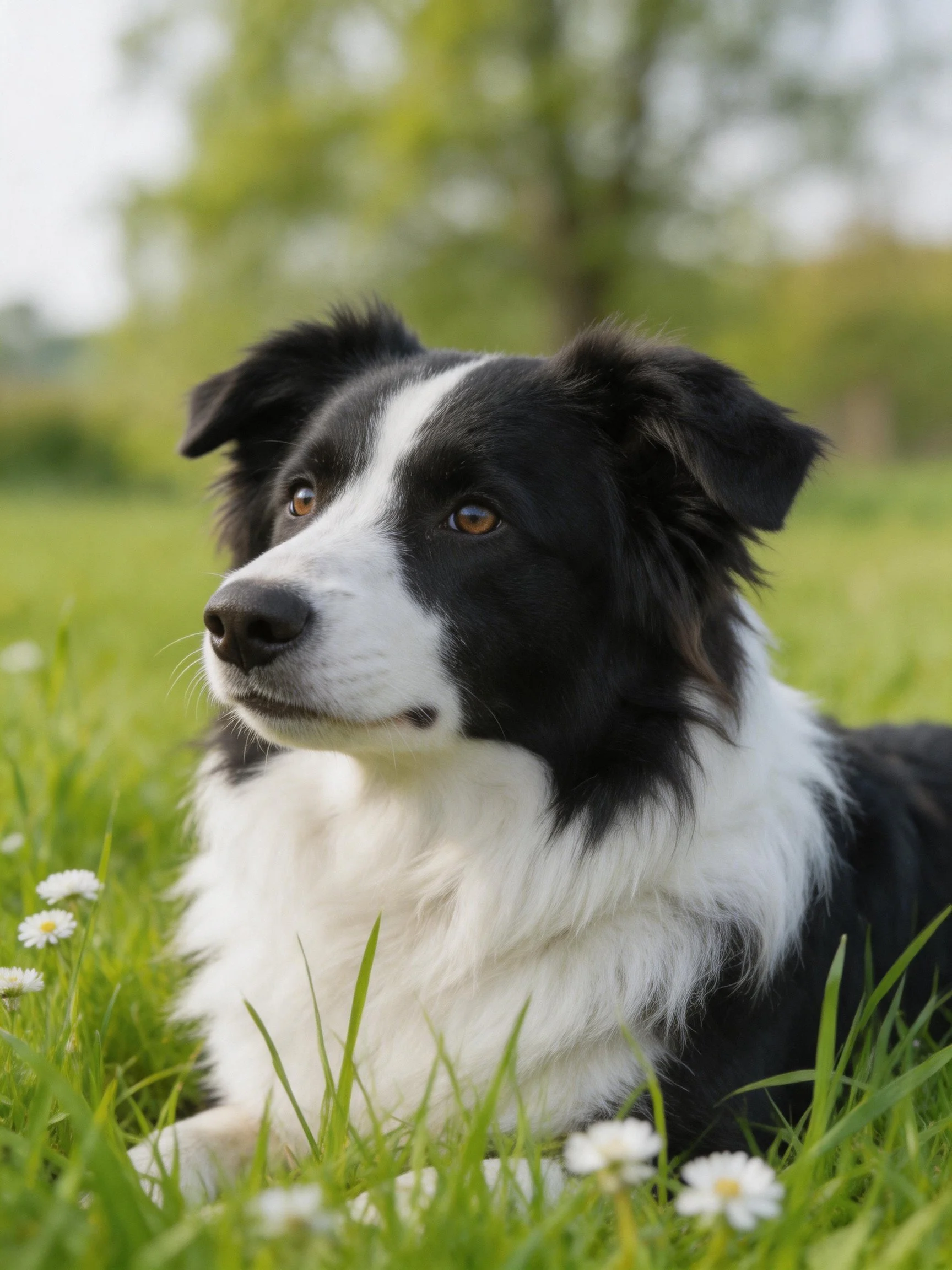 A black and white dog lies peacefully in a grassy field with small white flowers.