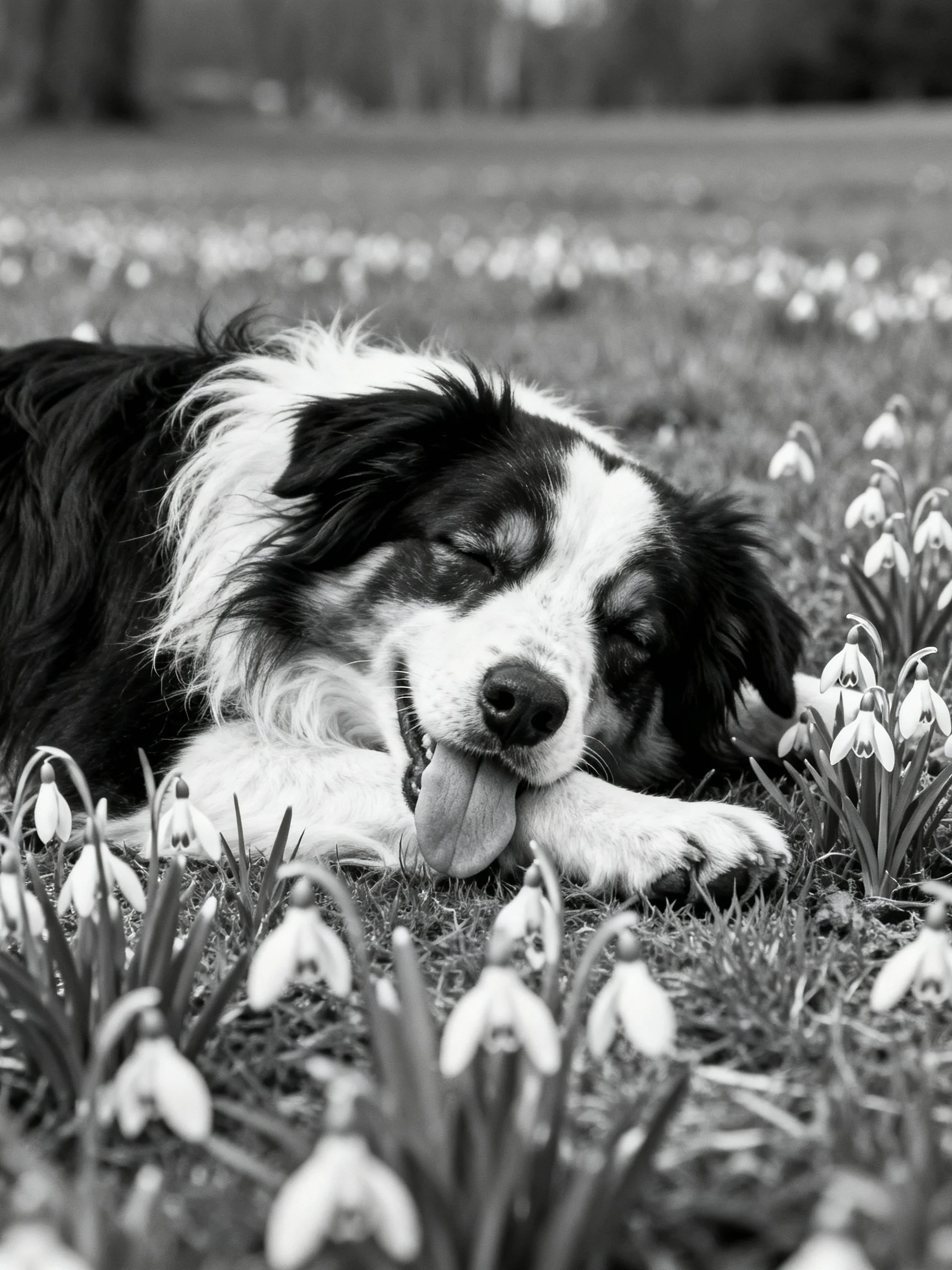 A black and white dog rests among snowdrop flowers