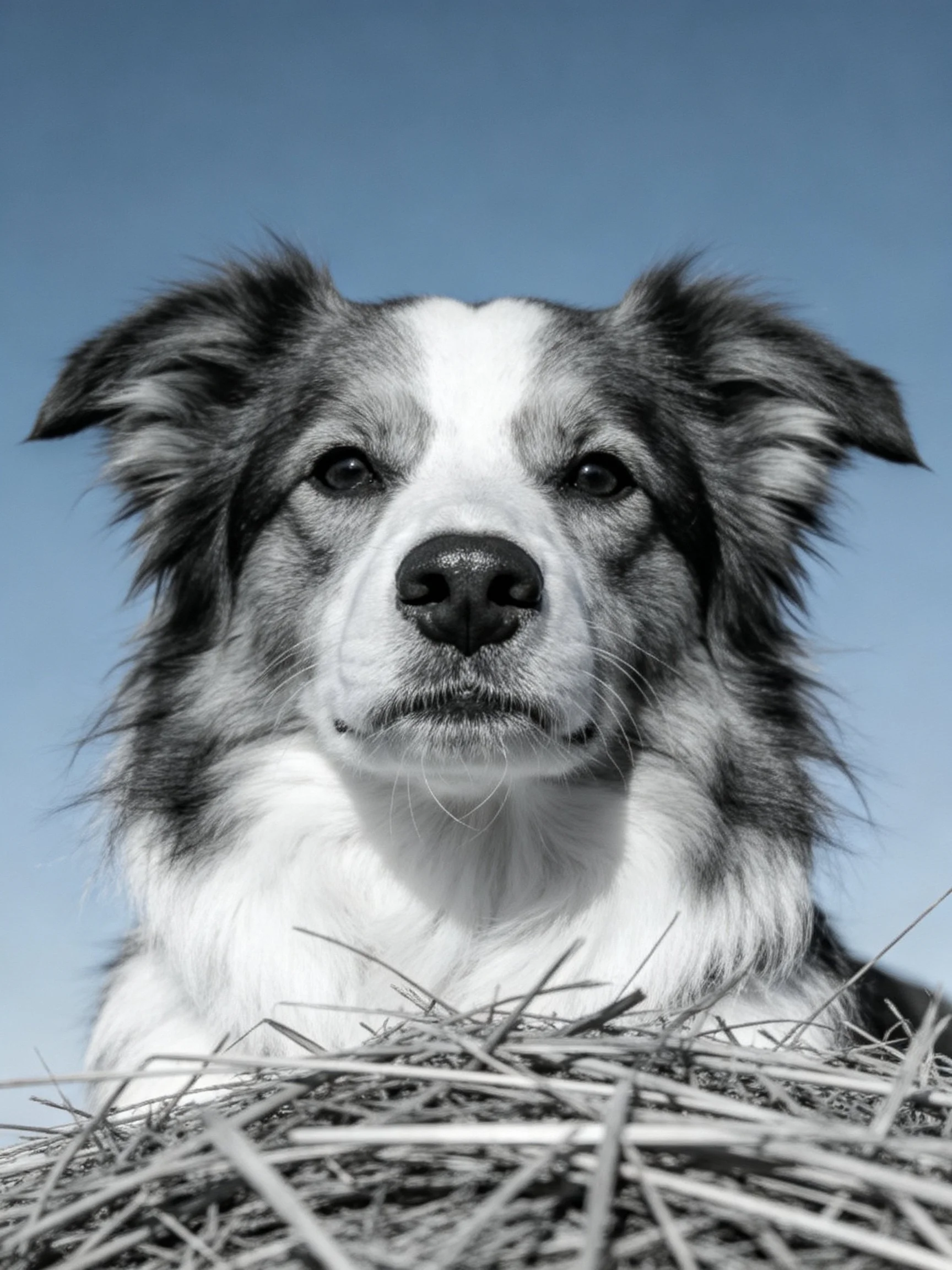 A black and white dog rests among straw with a clear blue sky