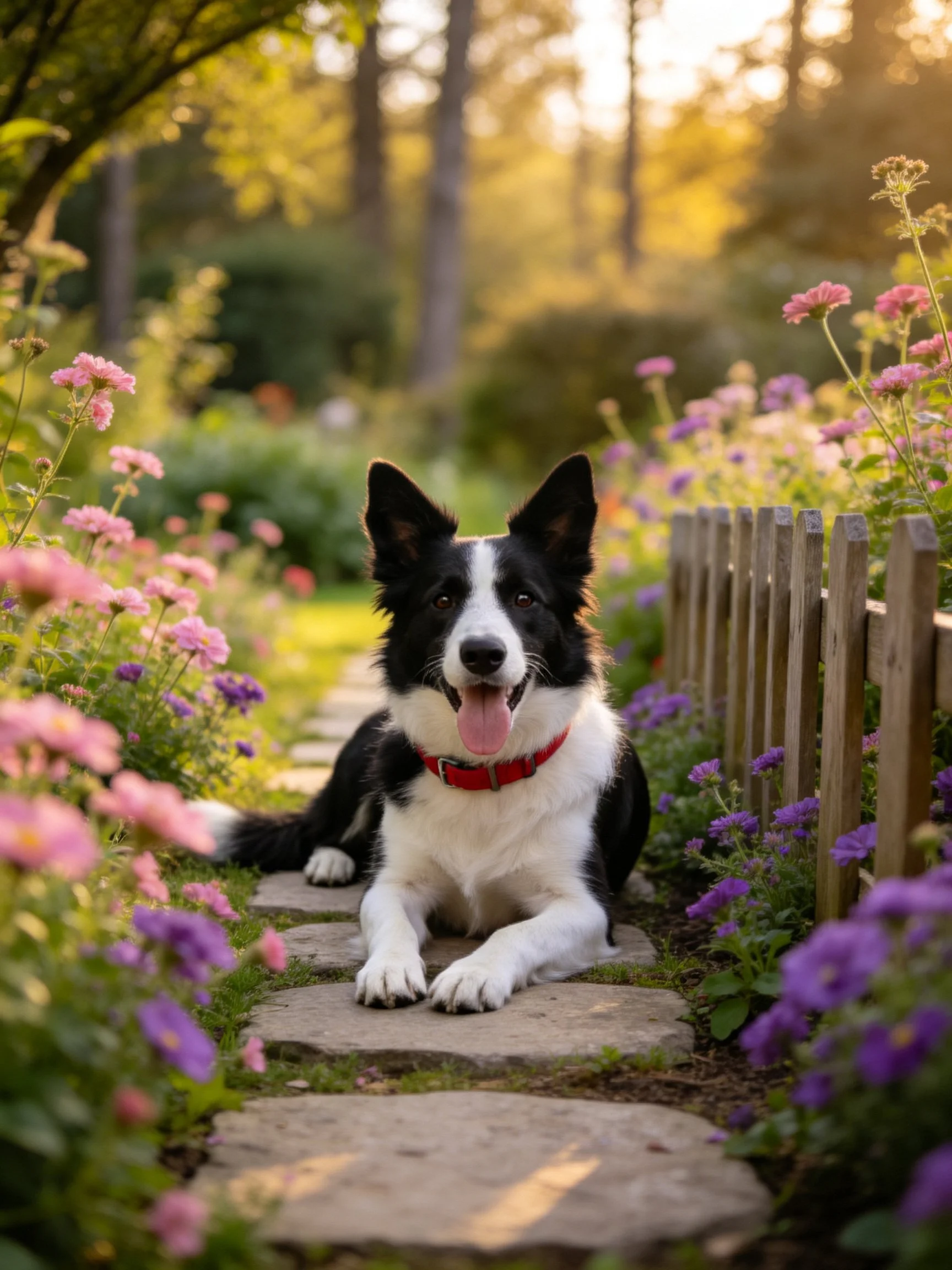A black-and-white dog relaxes amid colorful flowers along a stone pathway.