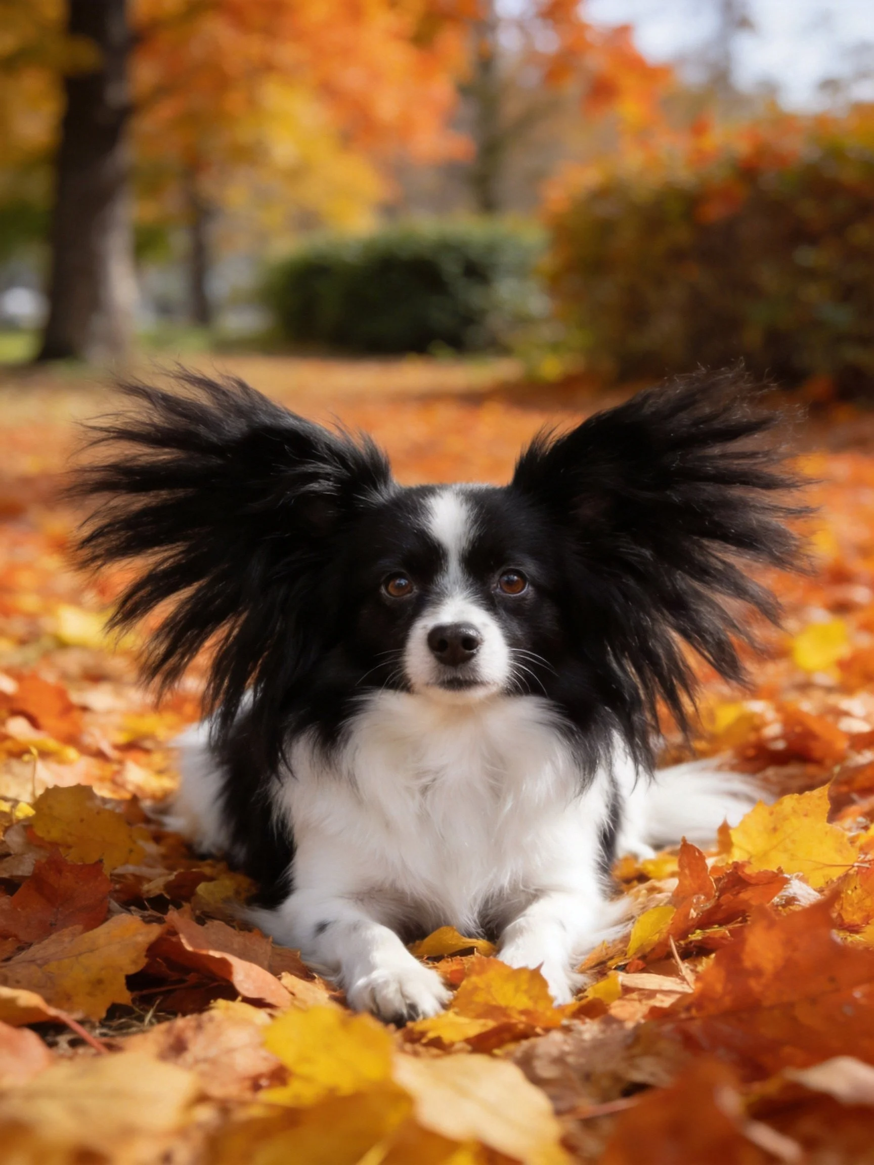 A black-and-white dog rests among vibrant orange and yellow fallen leaves