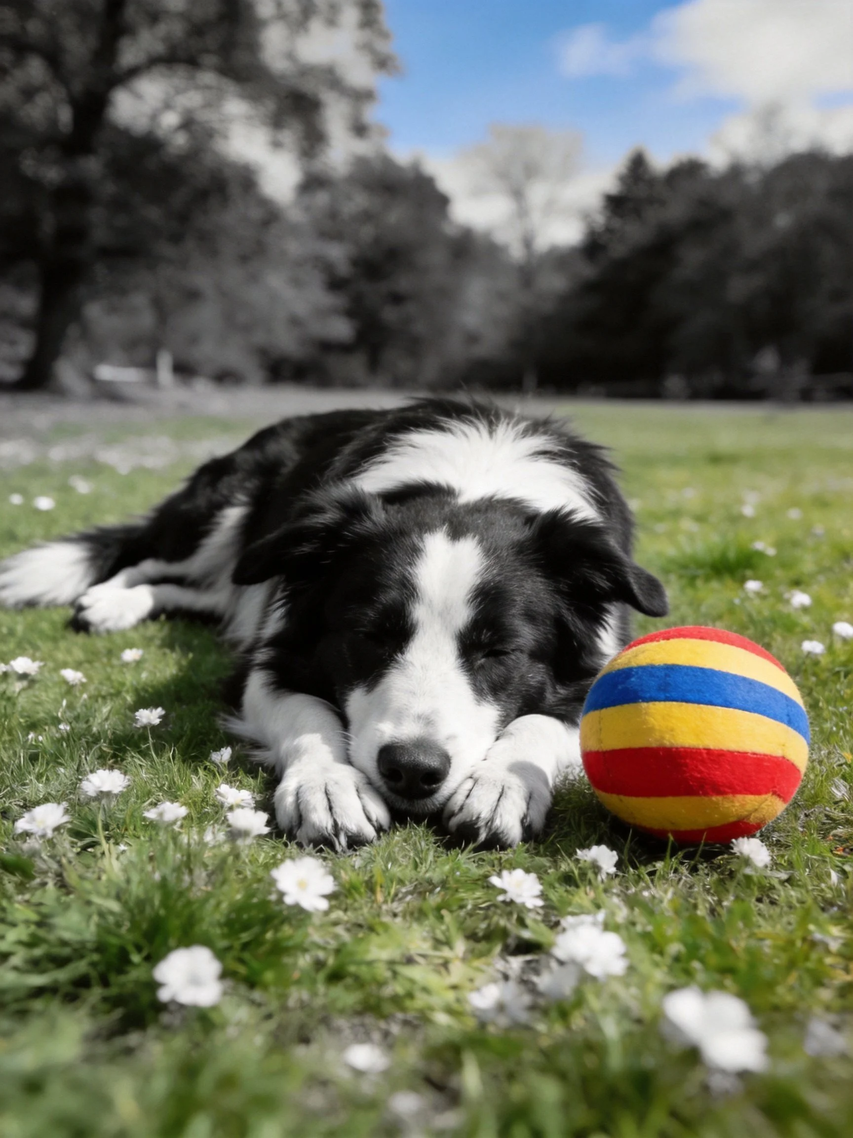 A black and white dog rests beside a colorful striped ball on flowered grass