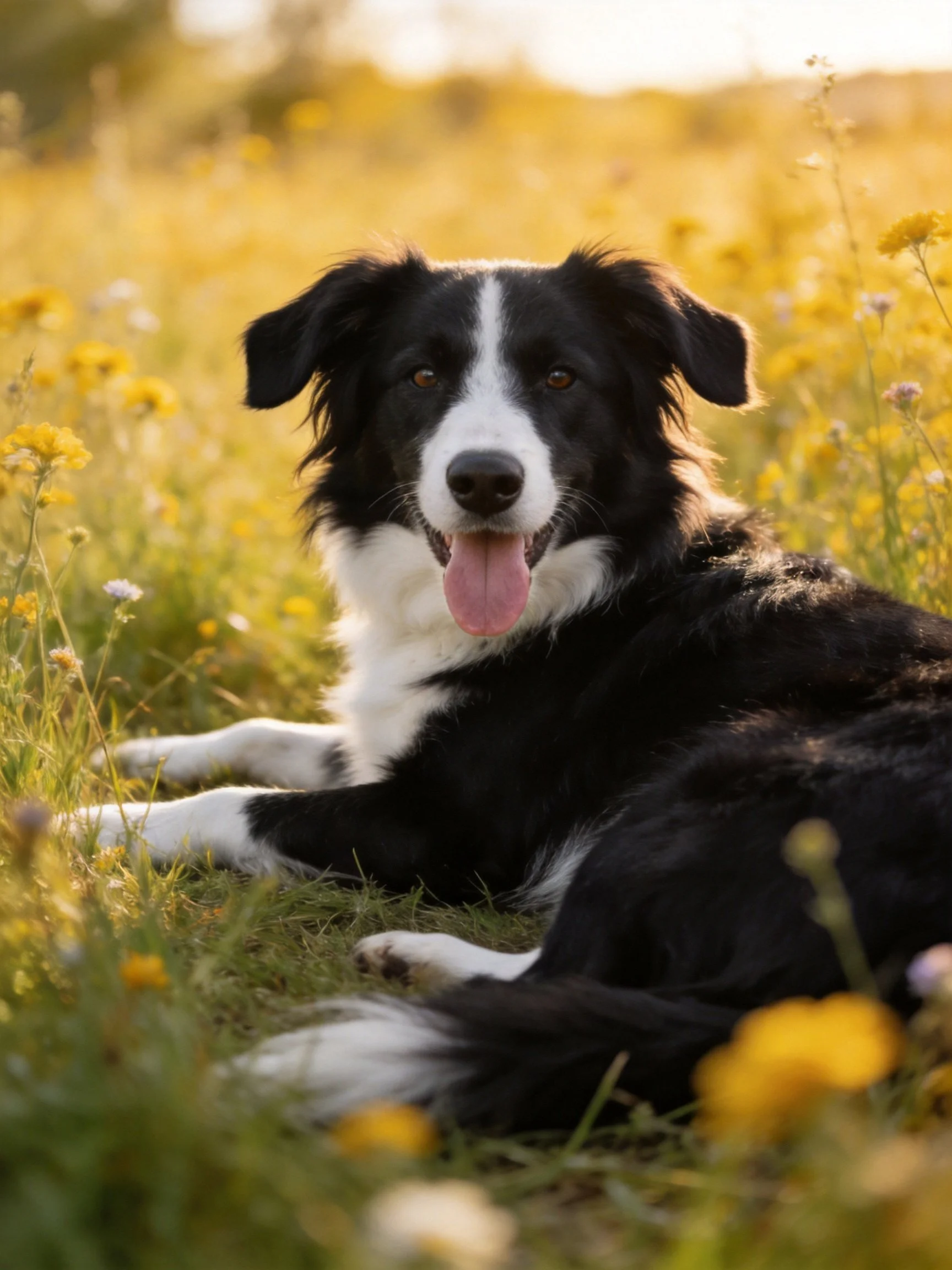 A black and white dog rests in a golden-flowered meadow
