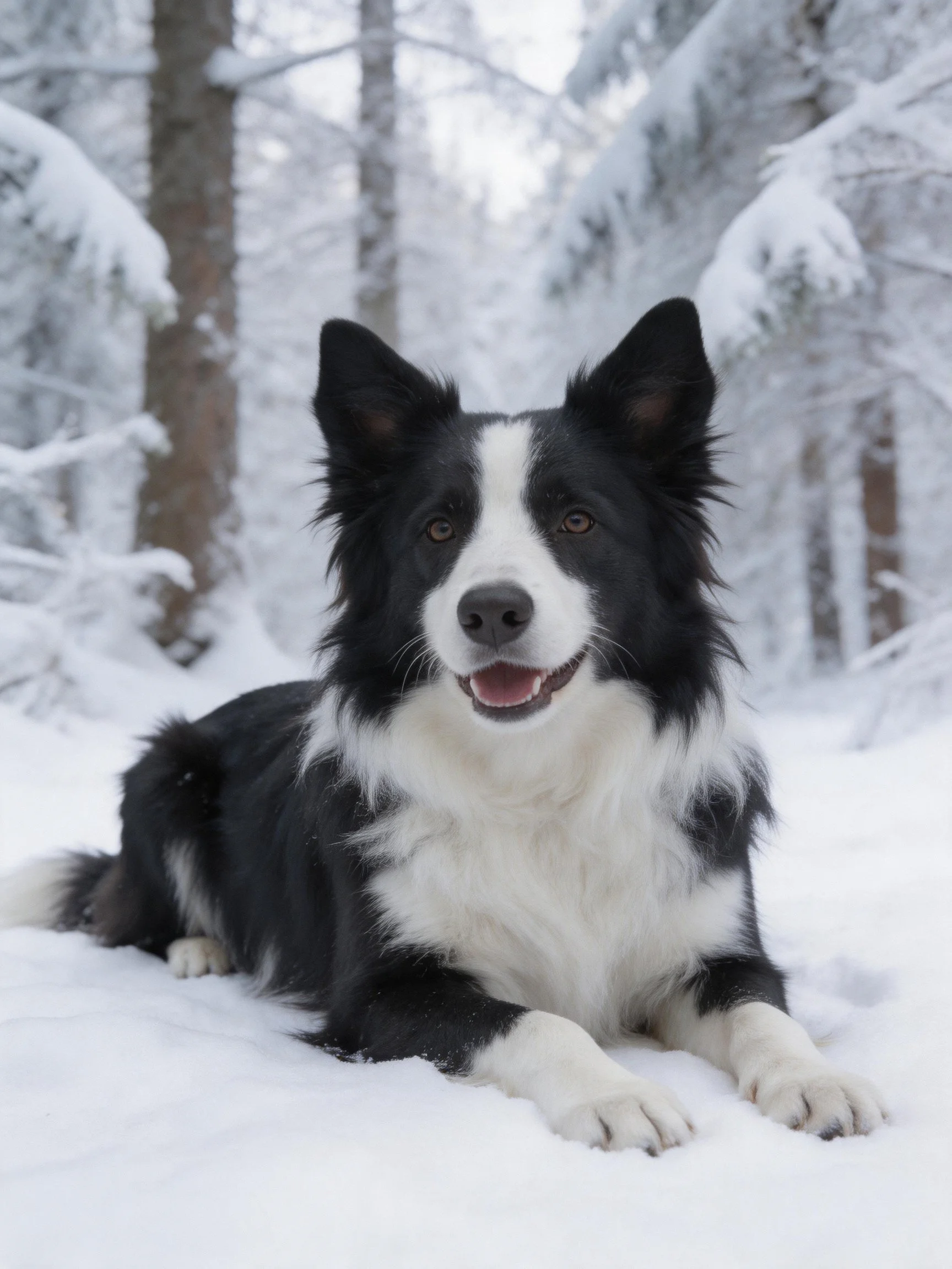 A black and white dog relaxes in a peaceful, snow-covered woodland area.