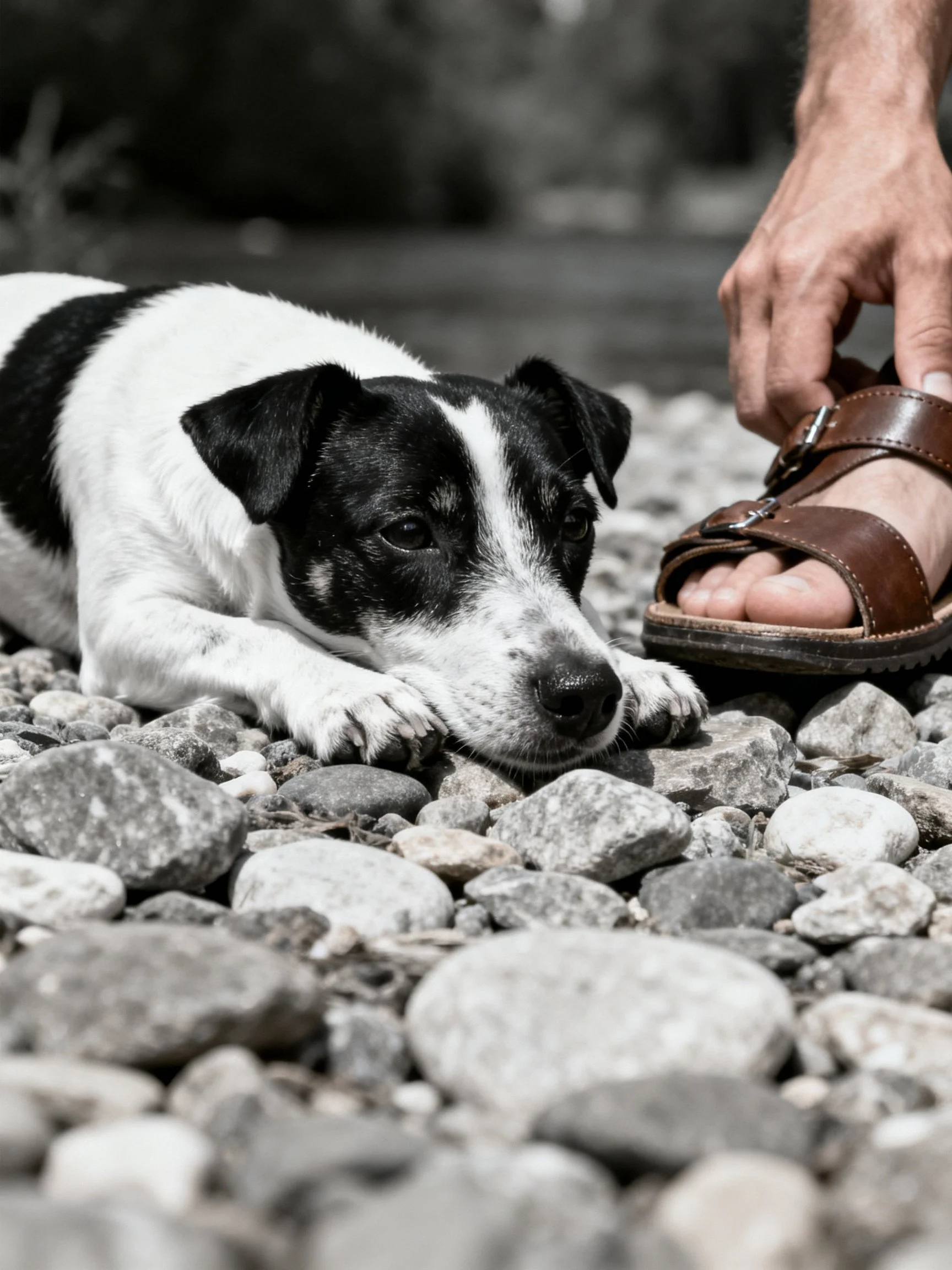 A black and white dog relaxes beside a brown sandal on pebbly ground.