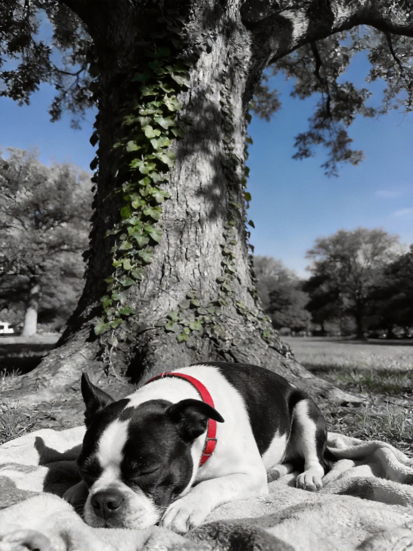 A black-and-white dog sleeps on a blanket under a large tree.