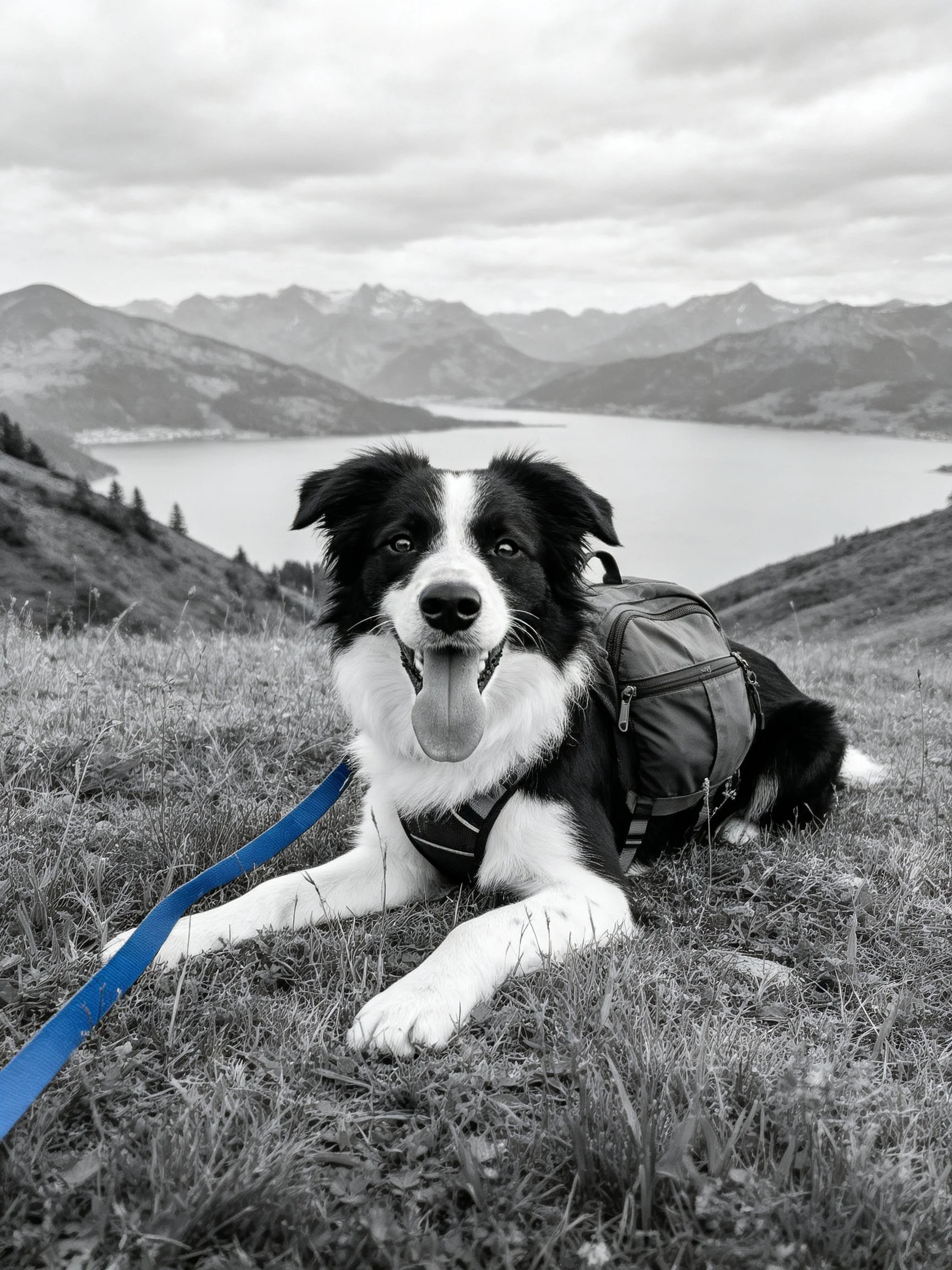 A black-and-white dog relaxes near a mountain lake with a blue leash