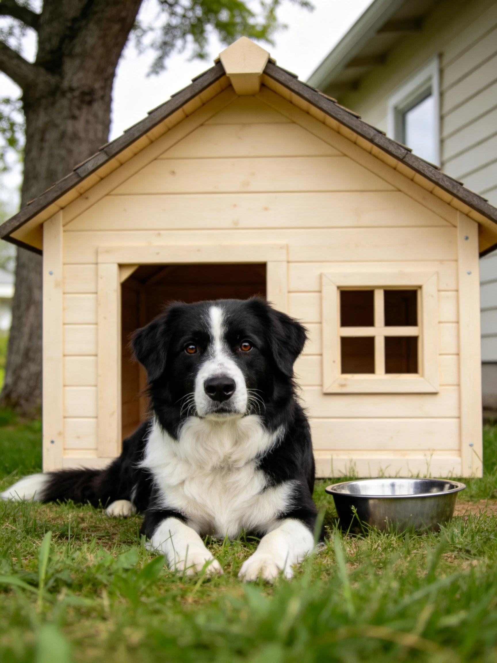 A black and white dog rests near a wooden doghouse with a metal bowl