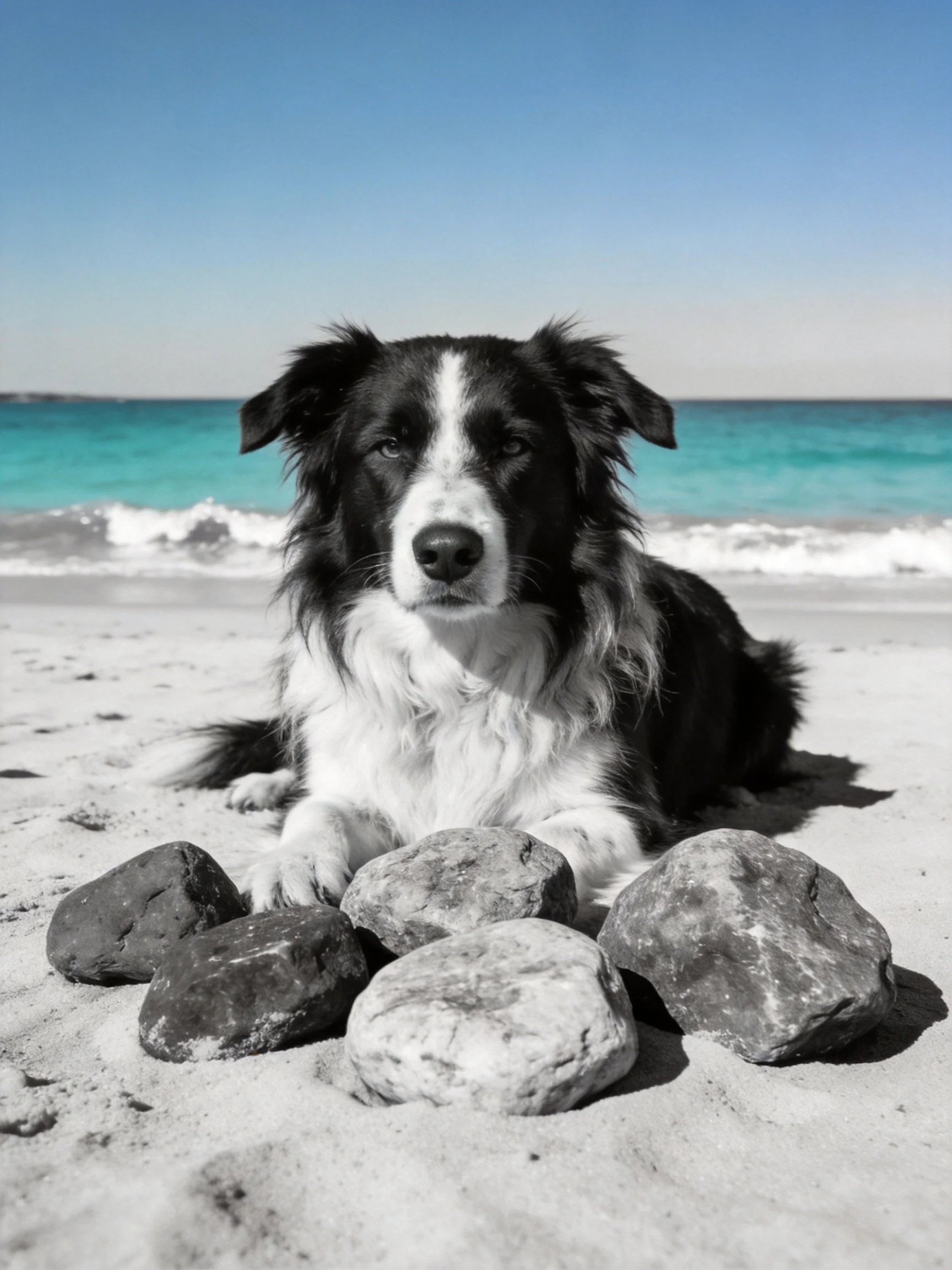 A black-and-white dog lies among stones on a sunny beach with turquoise ocean waves.