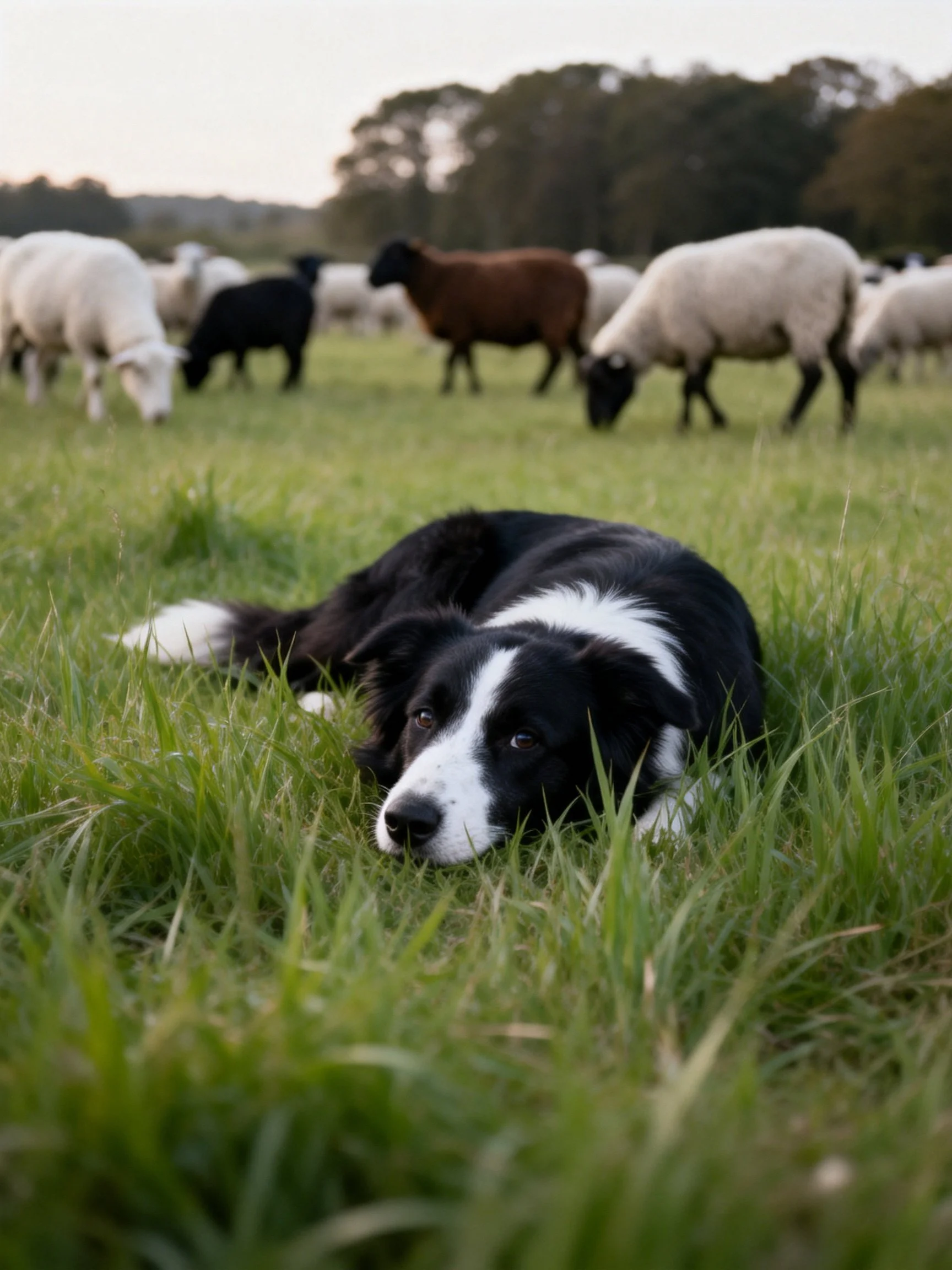 A black and white dog lies among tall grass with sheep grazing behind it.
