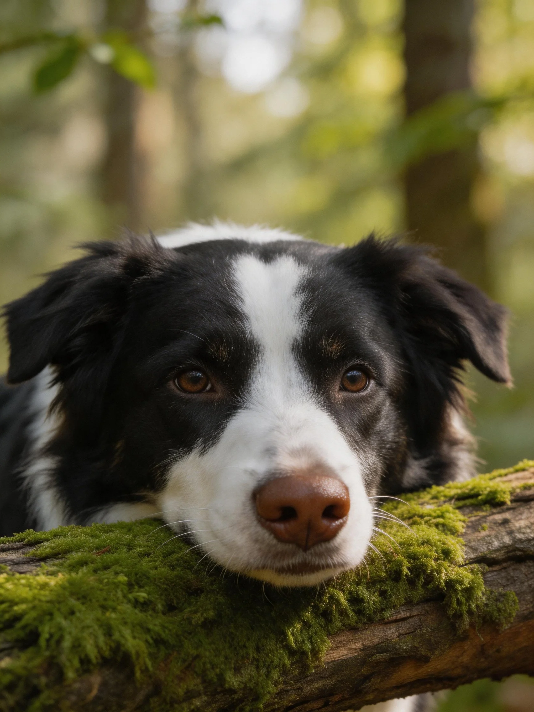 A black-and-white dog rests on a moss-covered branch in a forest
