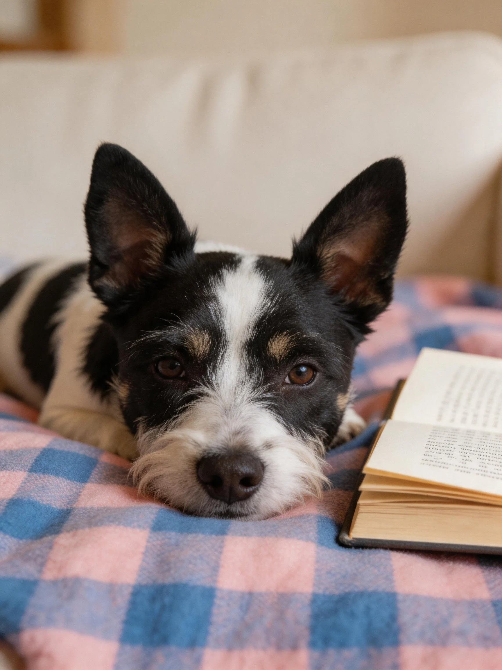 A black and white dog relaxes on a checkered blanket next to an open book.