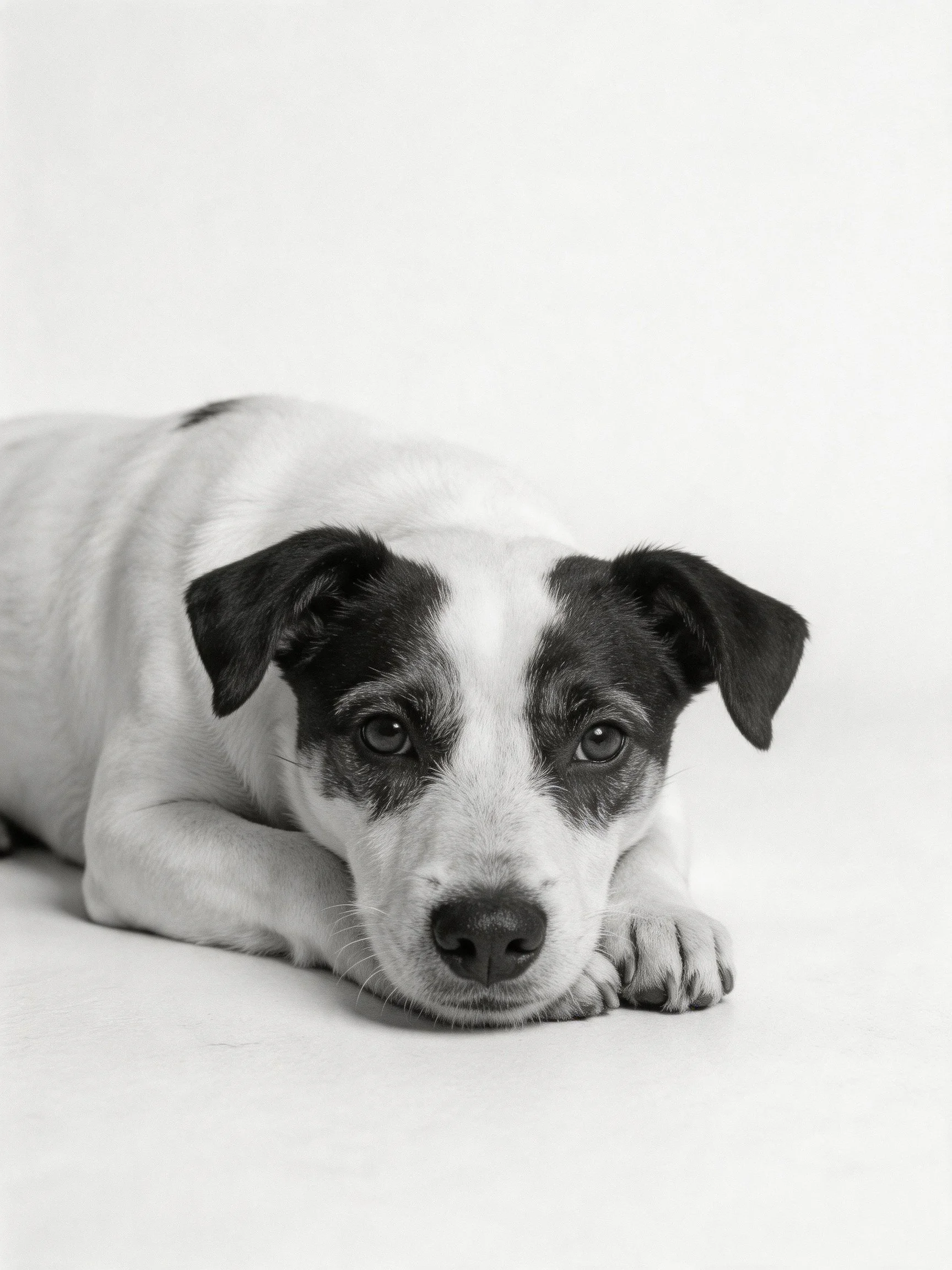 A black and white dog rests on a plain white surface