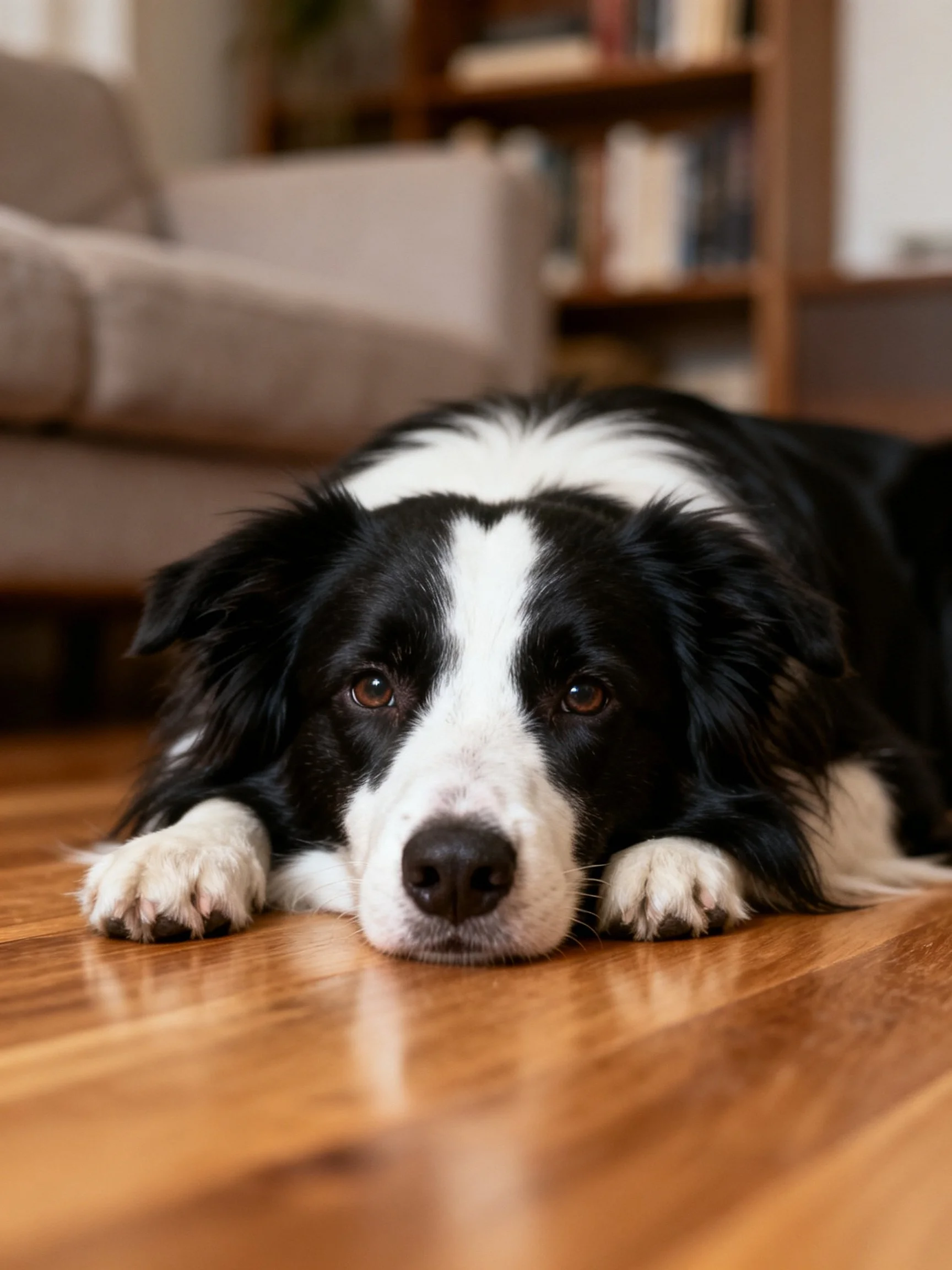 A black and white dog relaxes on a wooden floor in a cozy living area