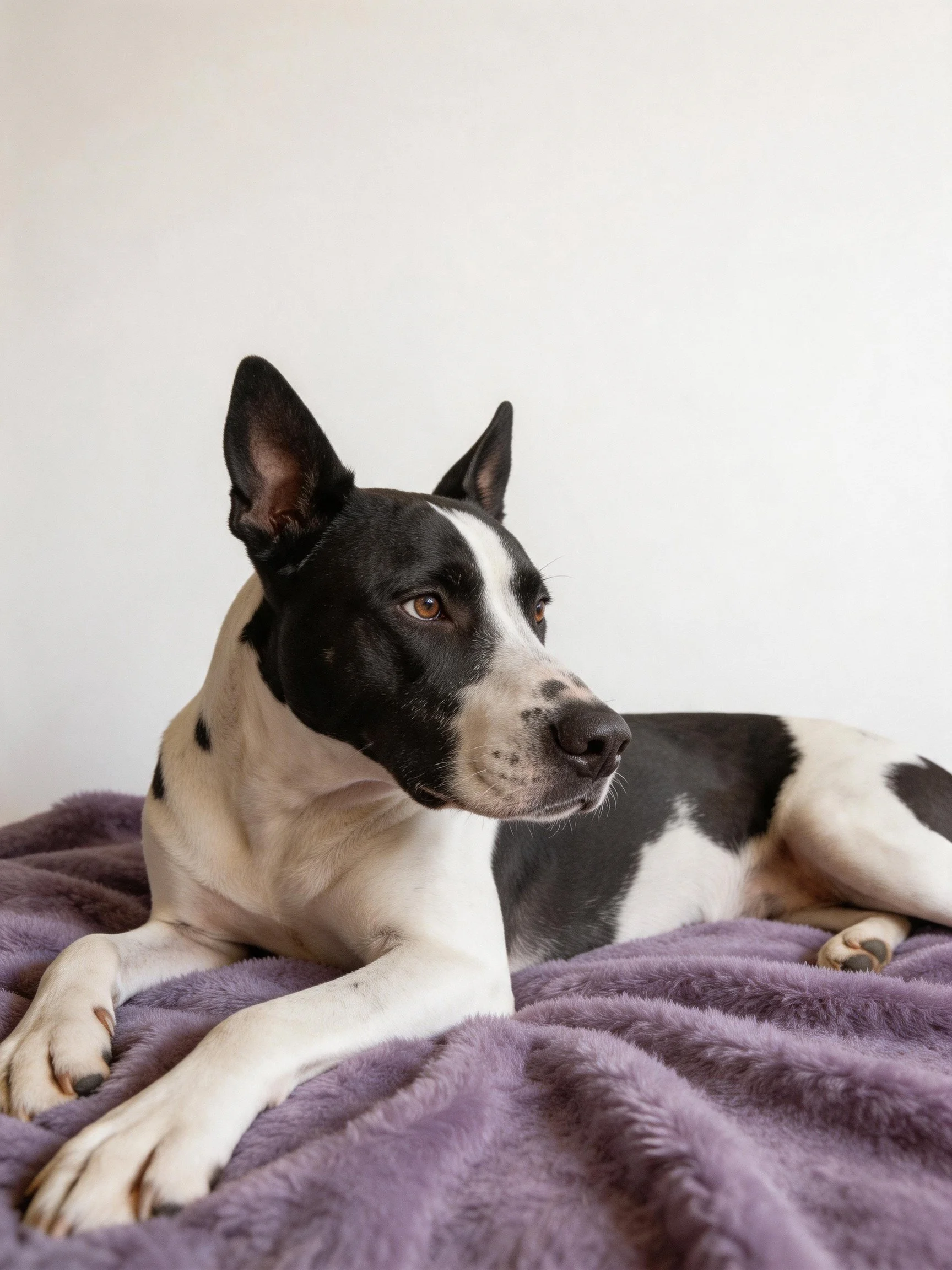 A black and white dog relaxes on a purple blanket near a white wall.
