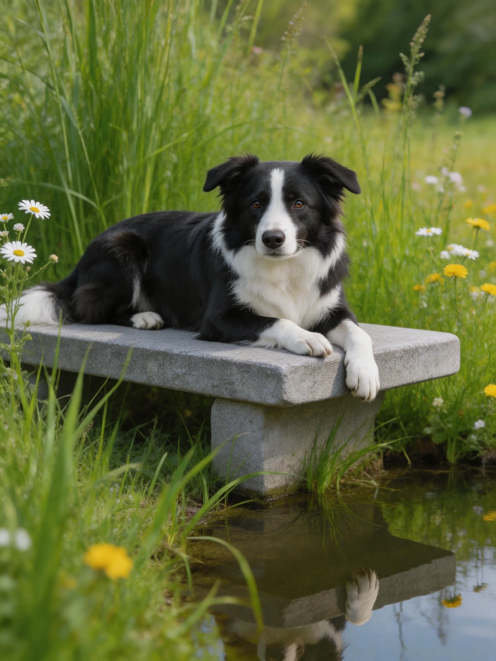 A black and white dog relaxes on a stone bench beside a small pond in a lush floral area.