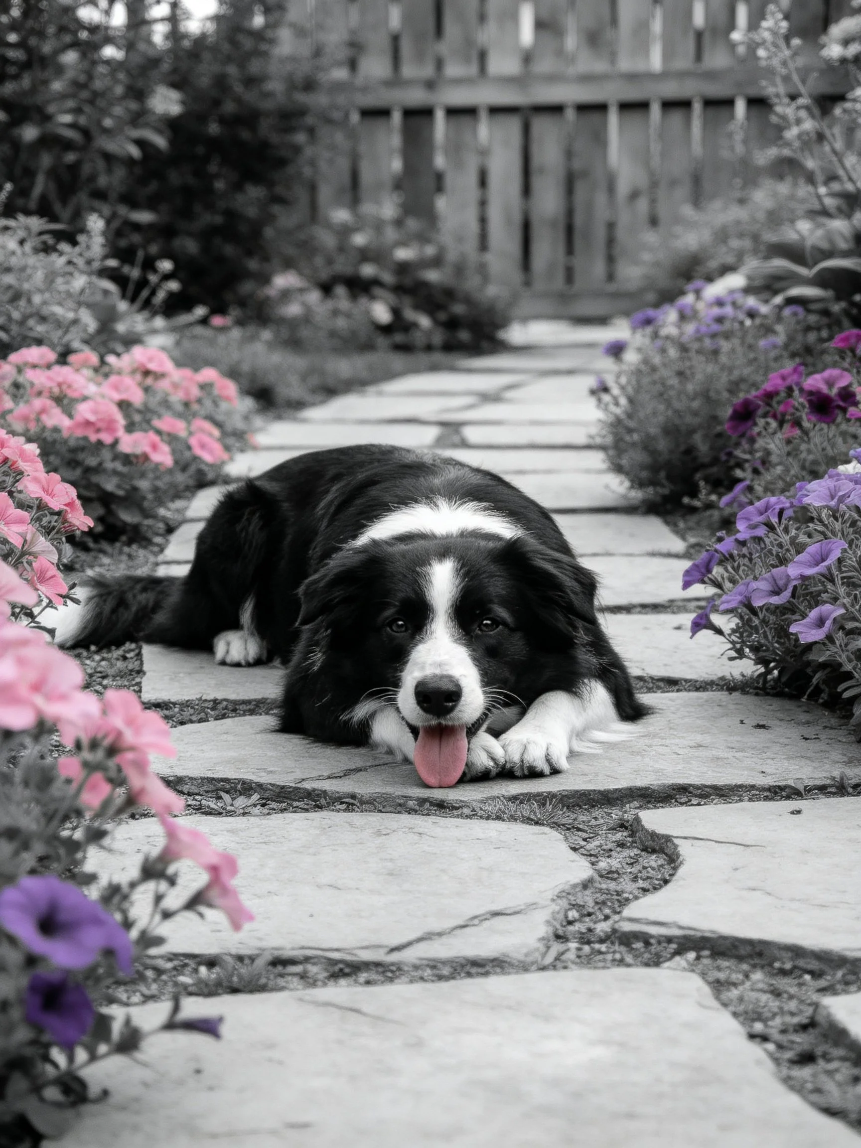 A black and white dog rests on a stone path amid vibrant pink and purple flowers