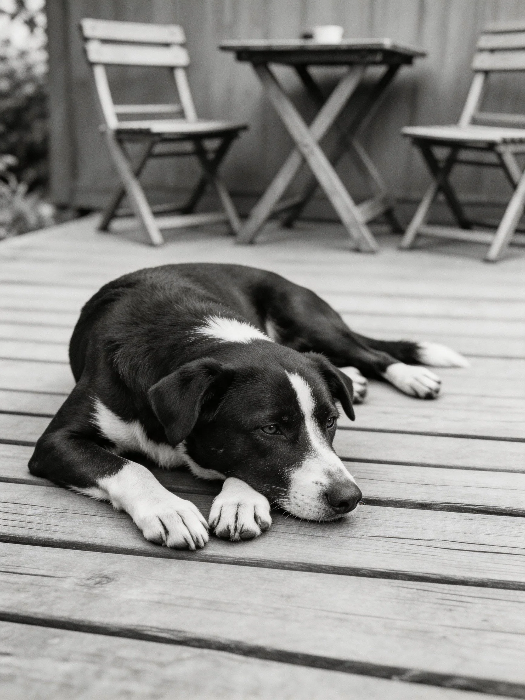 A black and white dog relaxes on a wooden deck beside outdoor seating and a table.