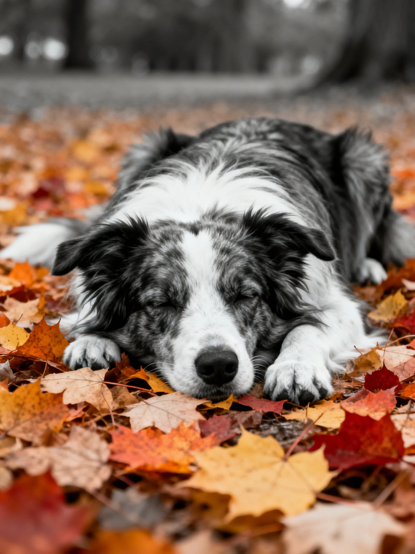 A black-and-white dog rests on colorful autumn leaves