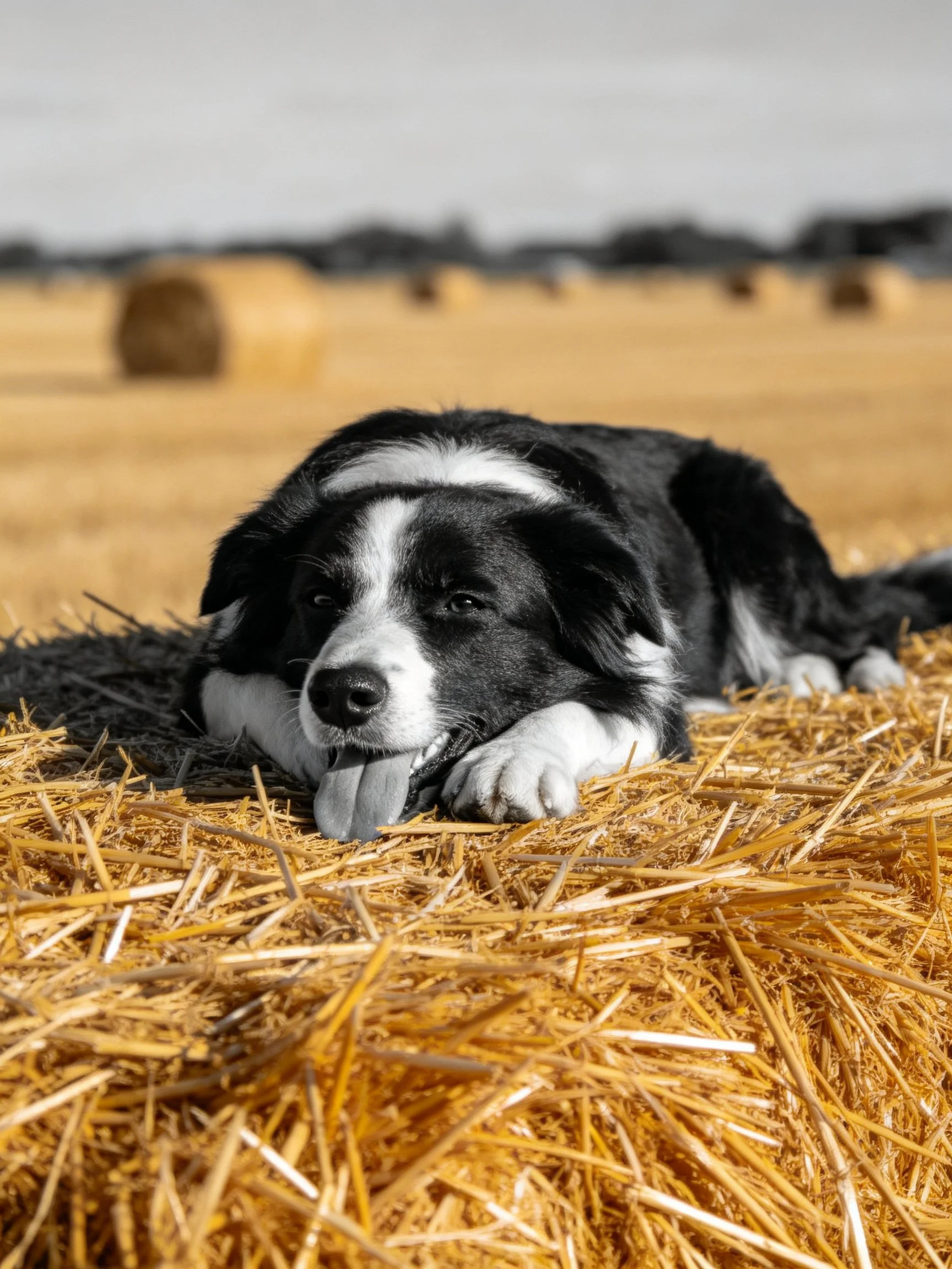 A black and white dog relaxes on straw bales in an open field.