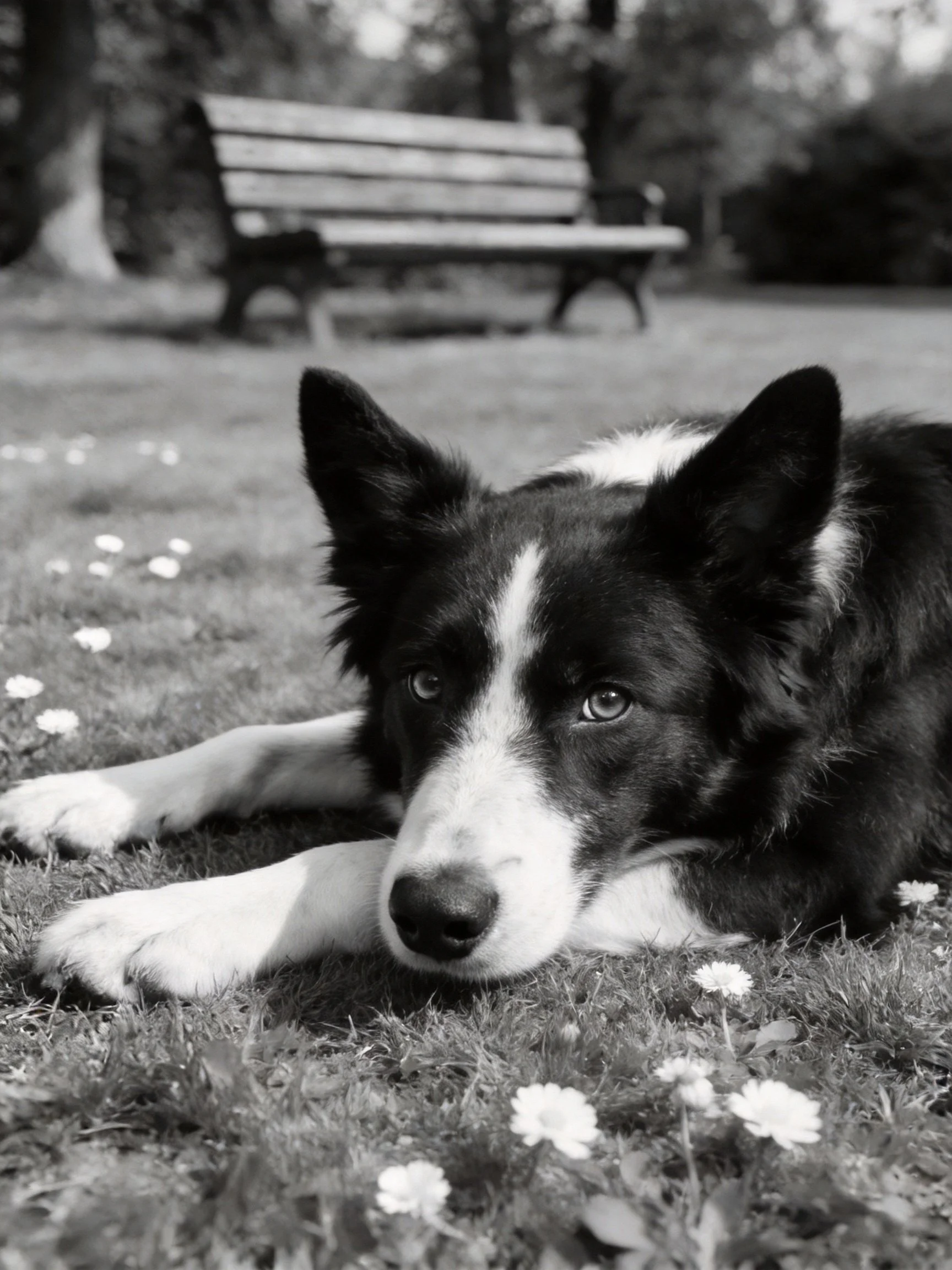 A black and white dog rests on grass amid flowers with a park bench behind.