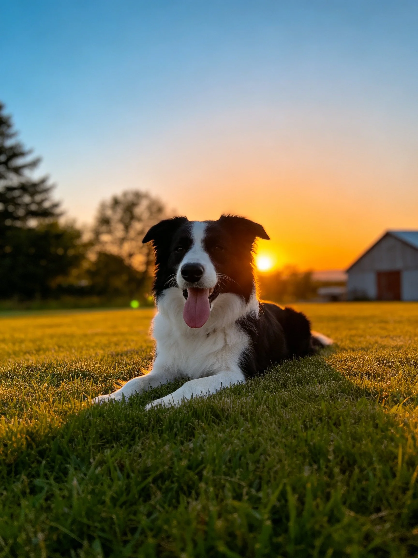 A black and white dog rests on grass at sunset
