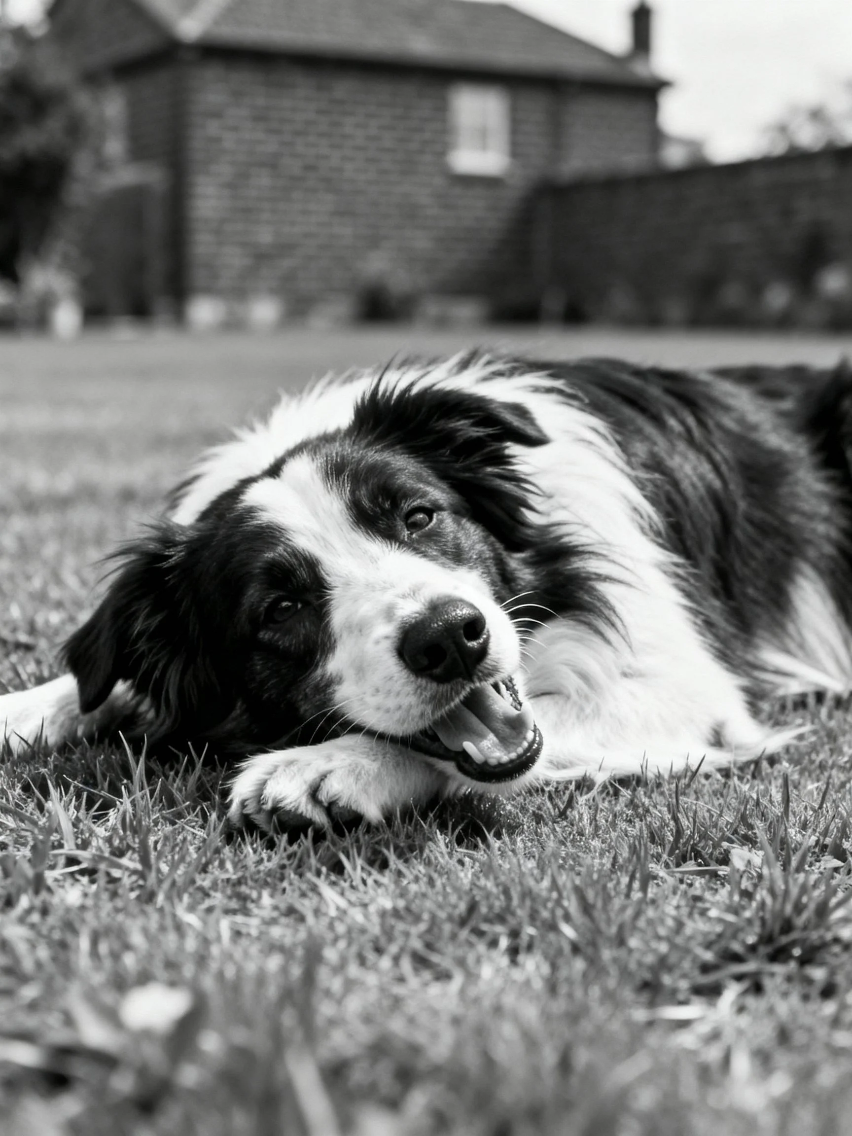 A black and white dog relaxes on grass in a residential yard
