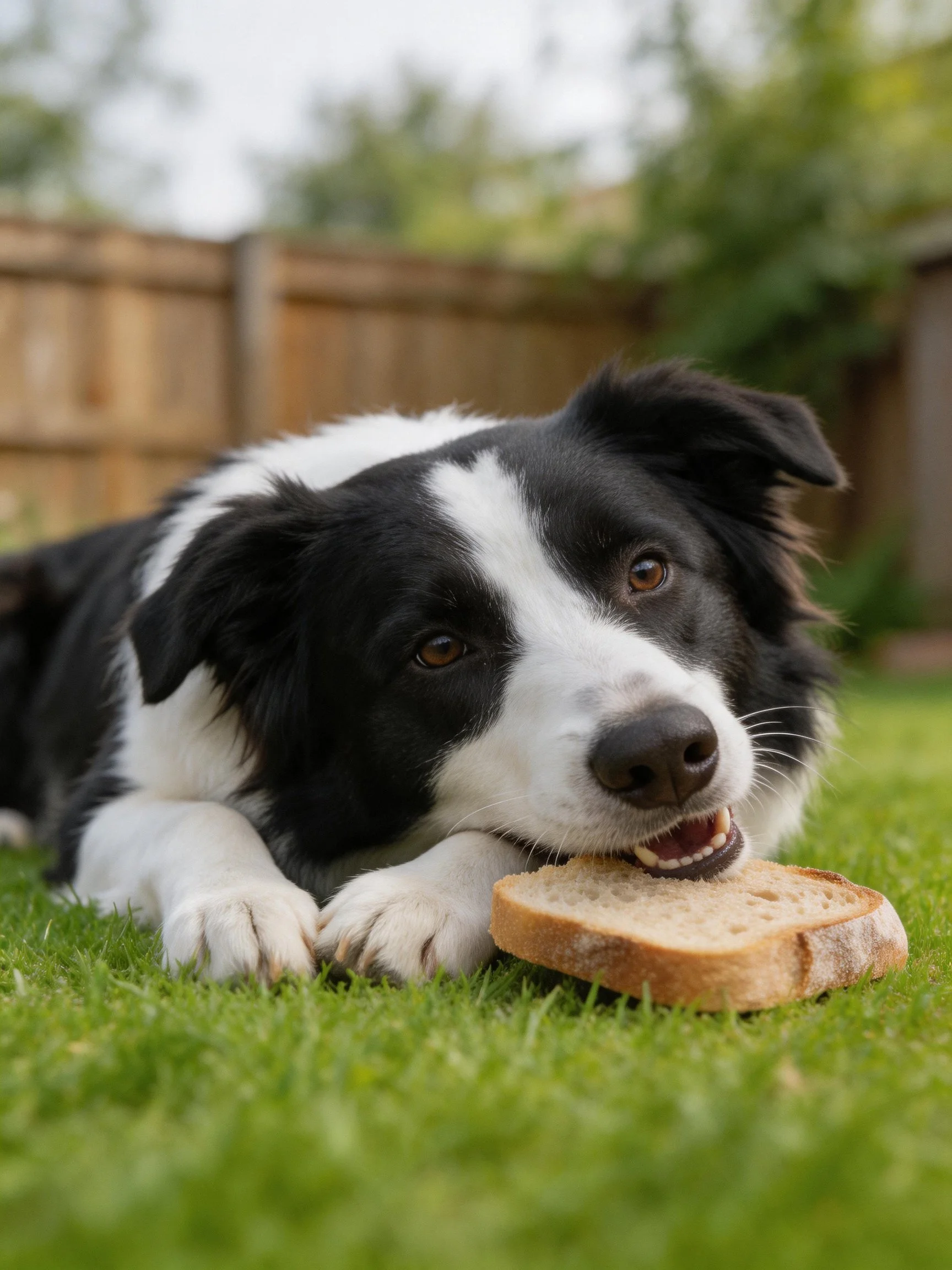 A black and white dog rests on grass with a bread slice
