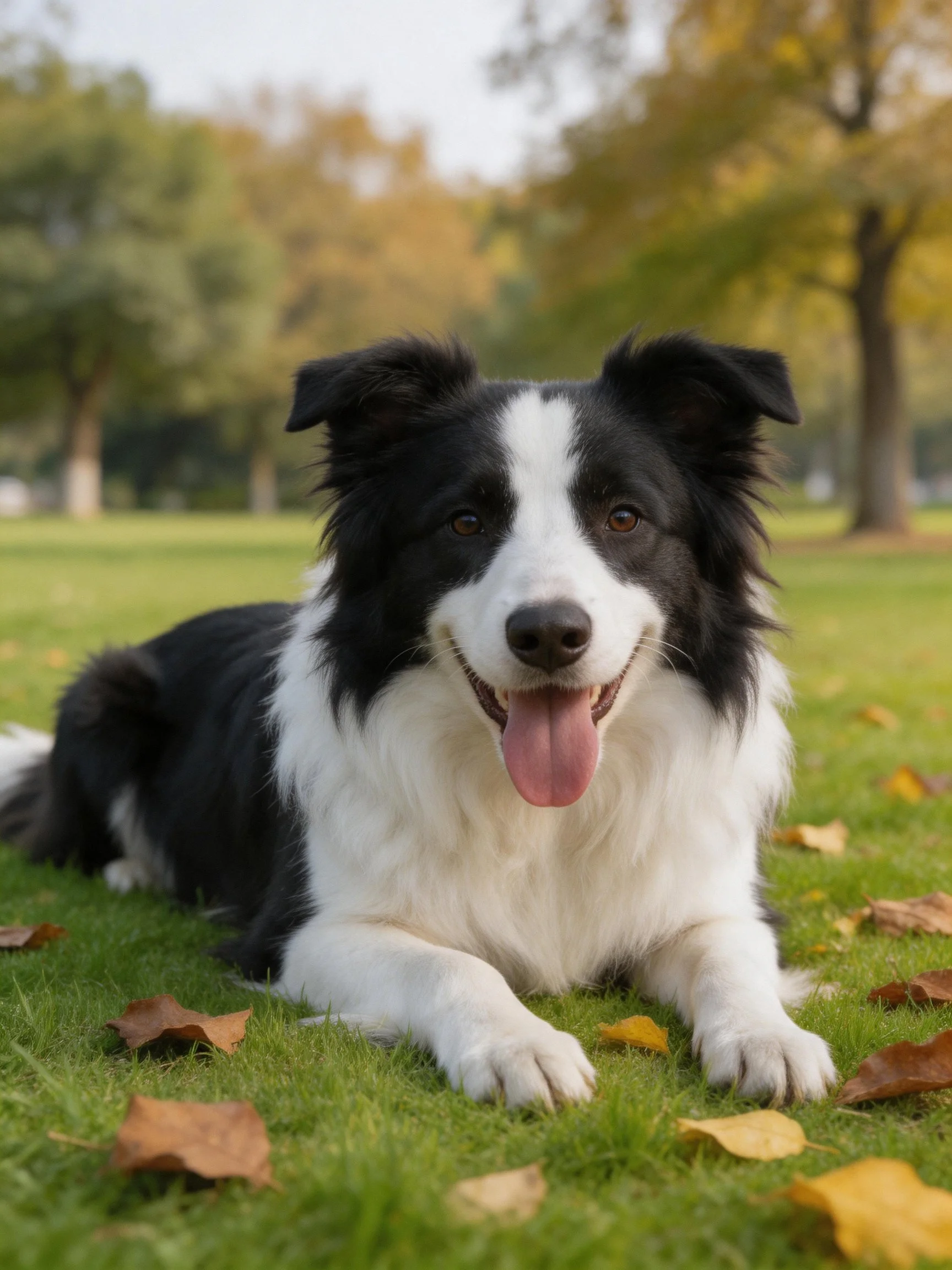 A black and white dog relaxes on grass with autumn leaves in a sunny park.